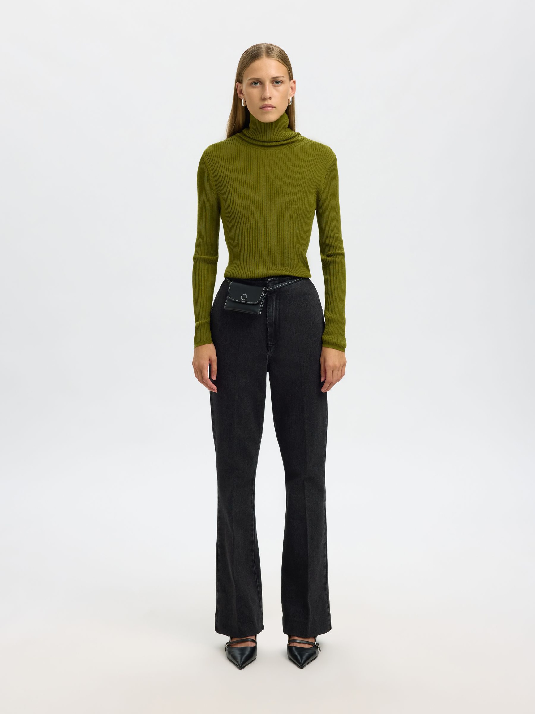HØJTALJET FLARED JEANS, Black Denim, highres