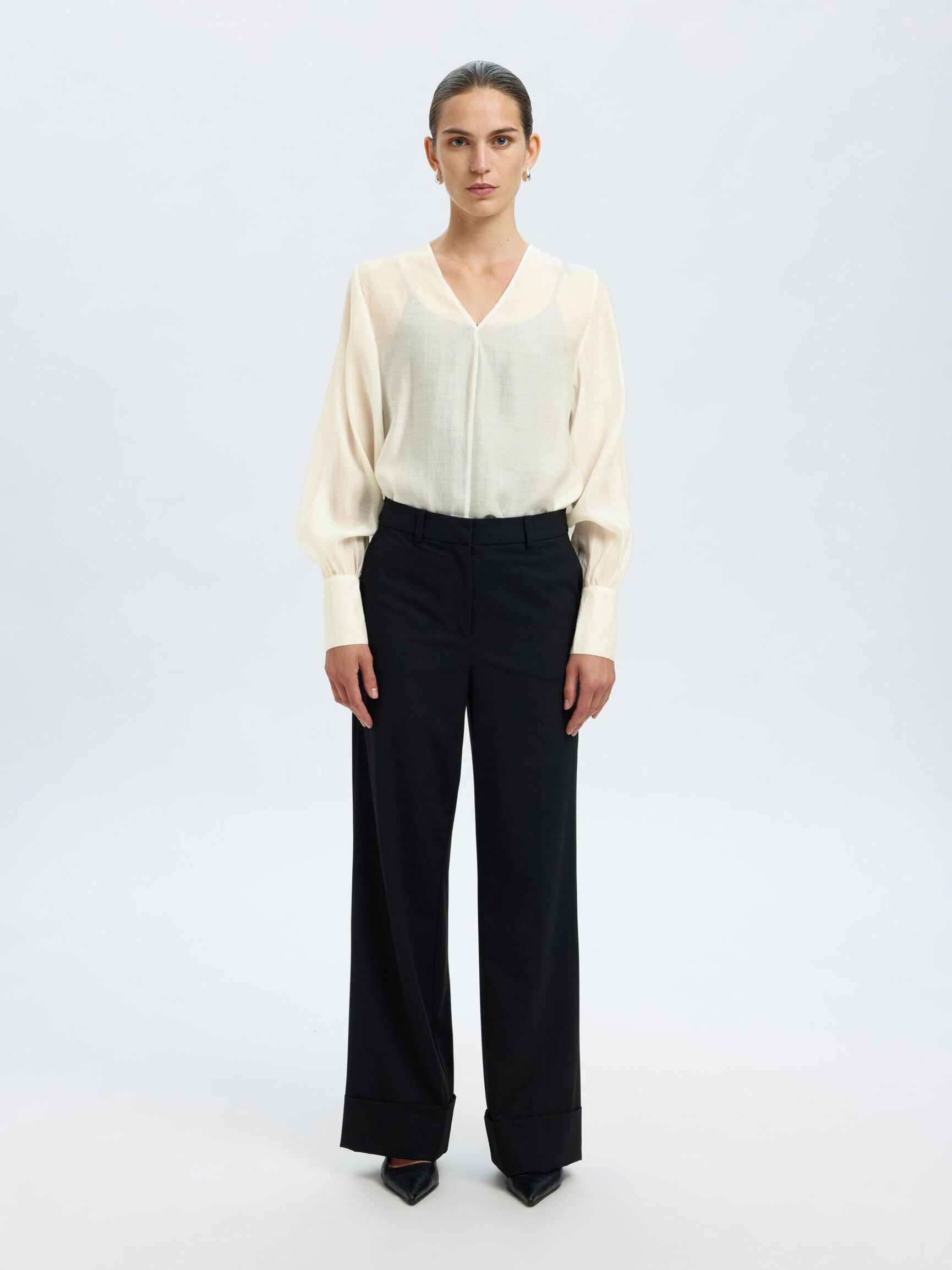 V-NECK LONG SLEEVED BLOUSE, Birch, highres