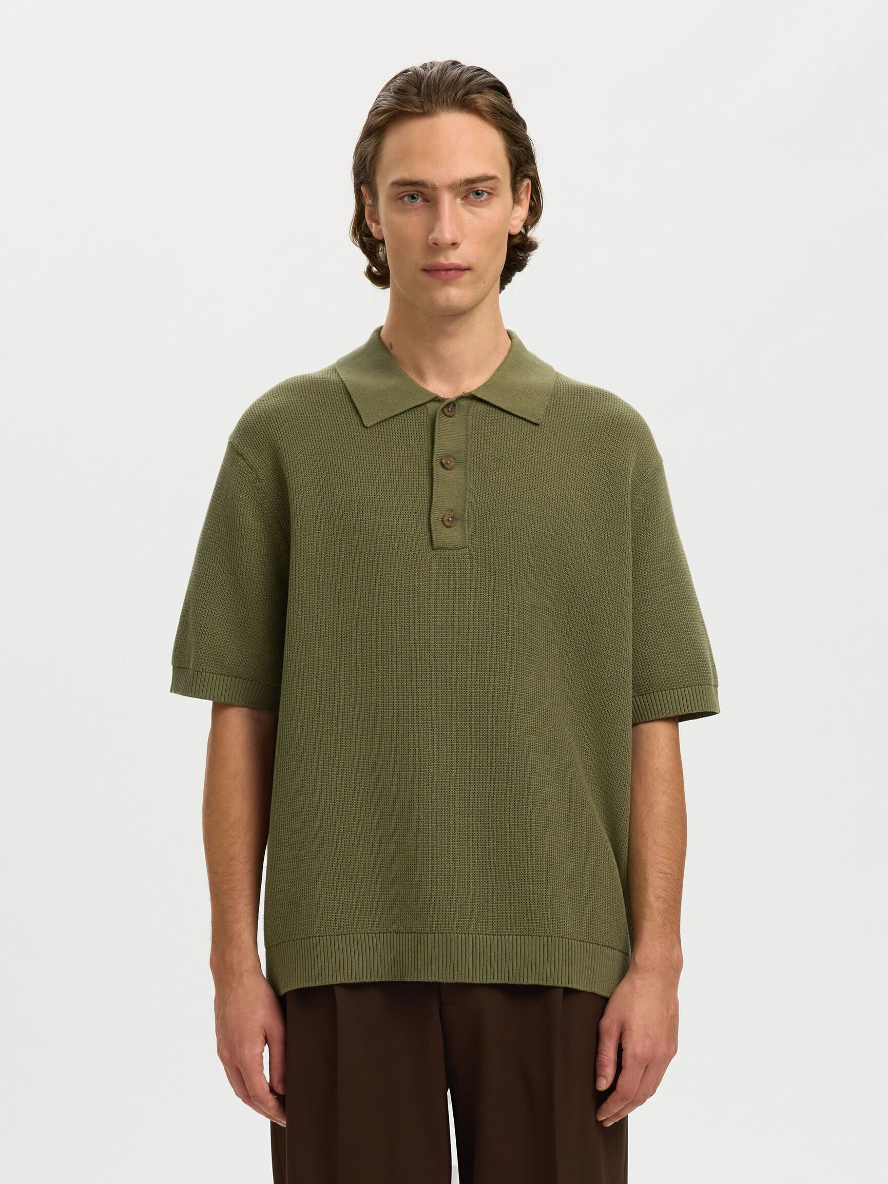 RELAXED FIT POLOHEMD AUS STRICK, Deep Lichen Green, highres