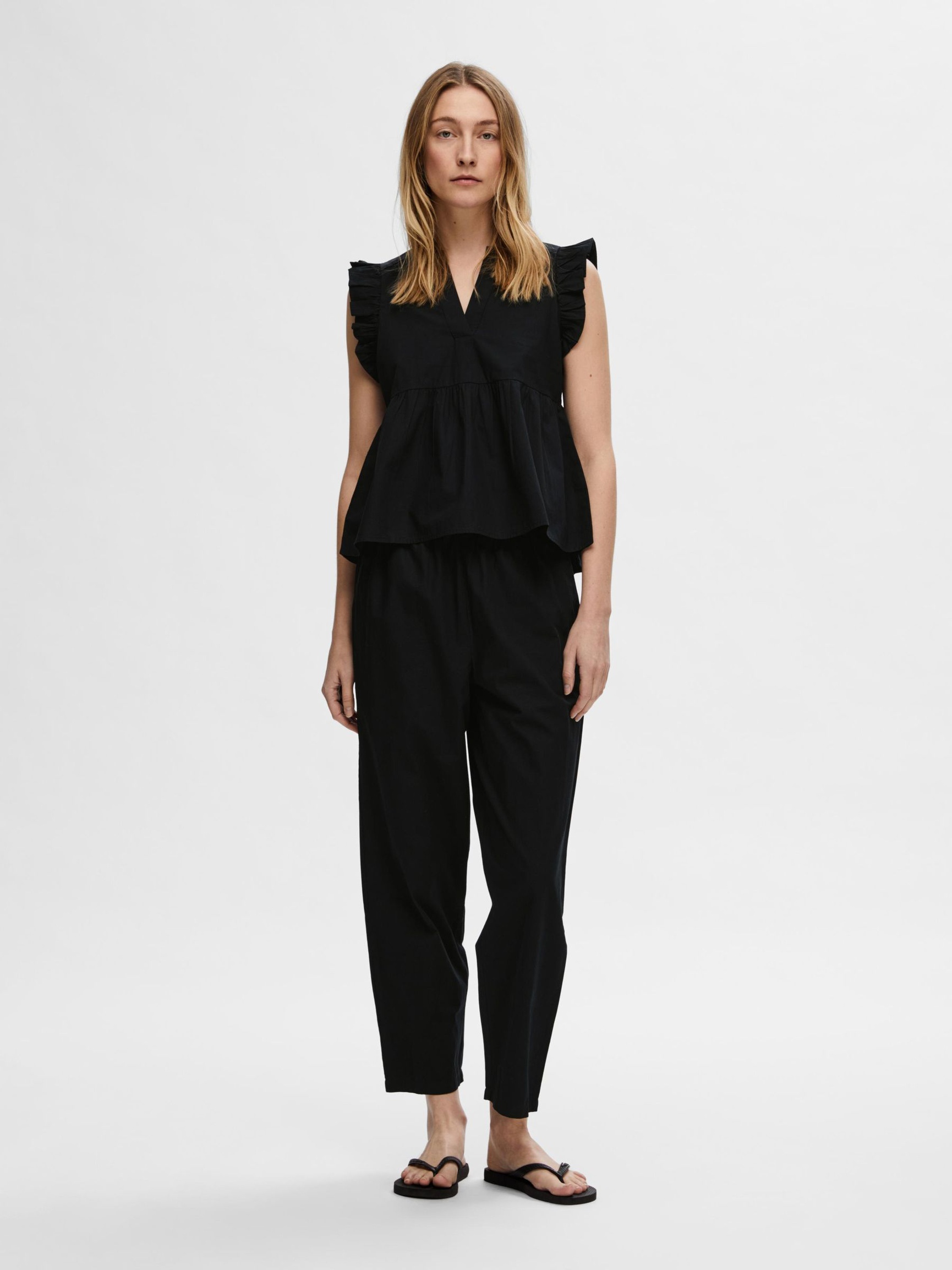 RUFFLED TOP, Black, highres