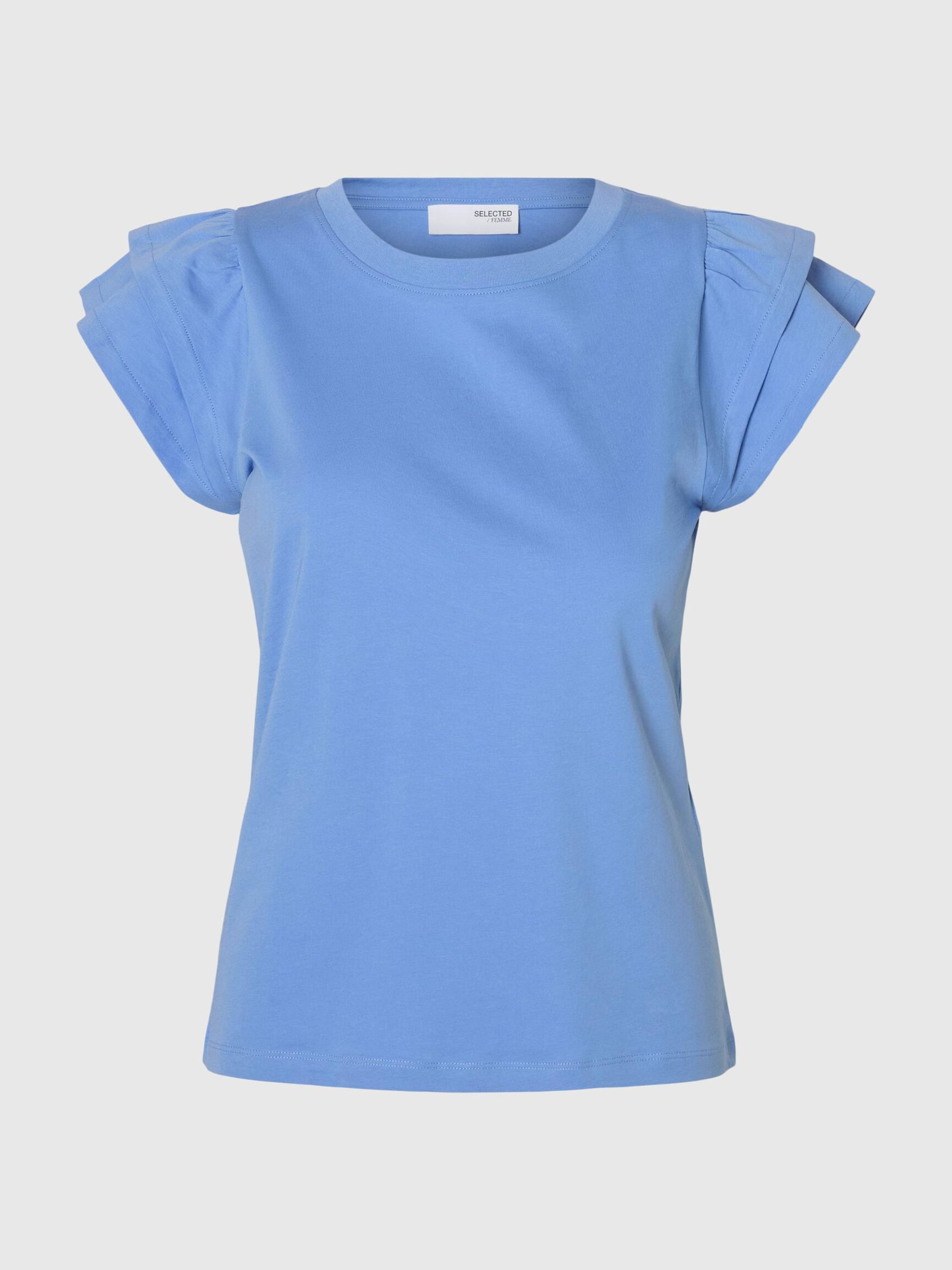 COTTON RUFFLED T-SHIRT, Cornflower Blue, highres