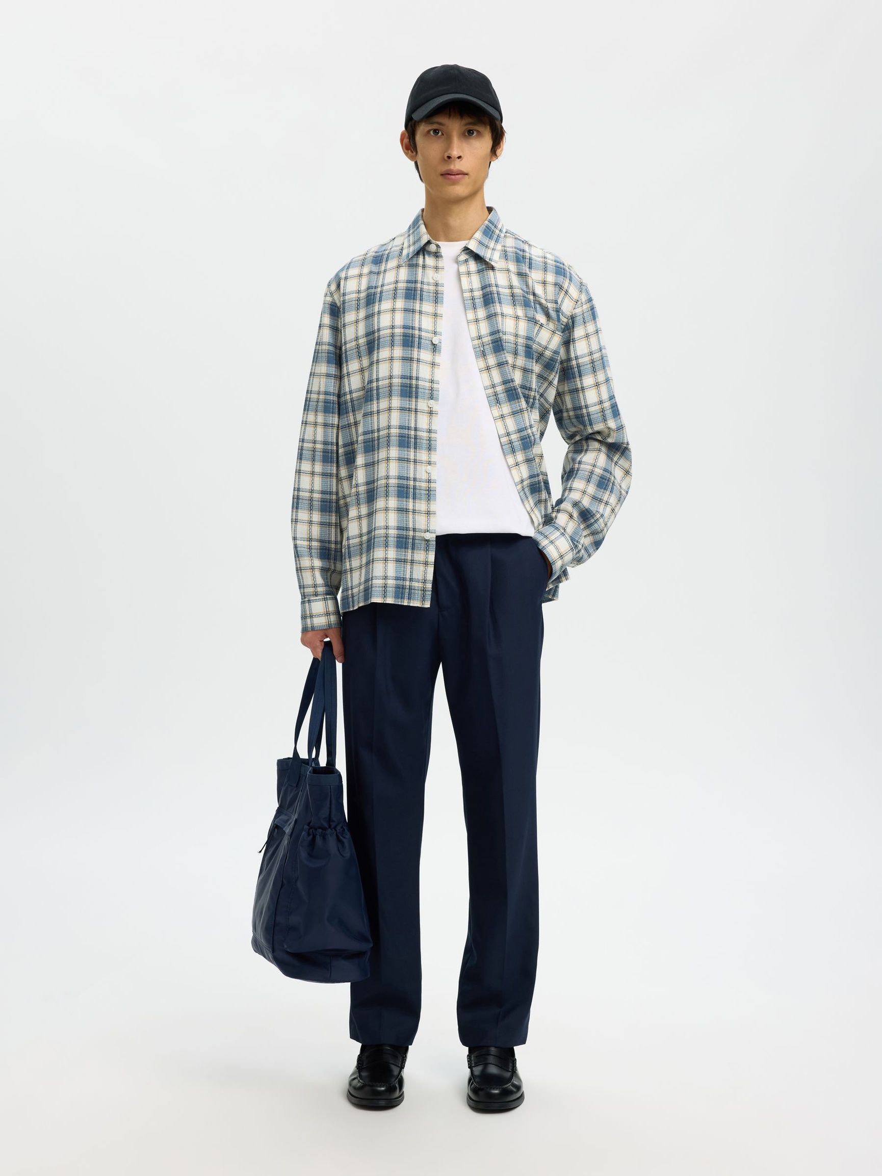 COTTON CHECKED SHIRT, Egret, highres