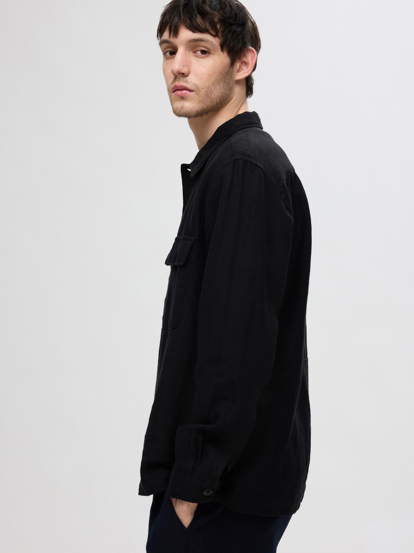 LONGSLEEVE LINNENMIX OVERSHIRT, Black, highres