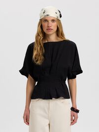 VISCOSE BLEND PLEATED  BLOUSE, Black, highres