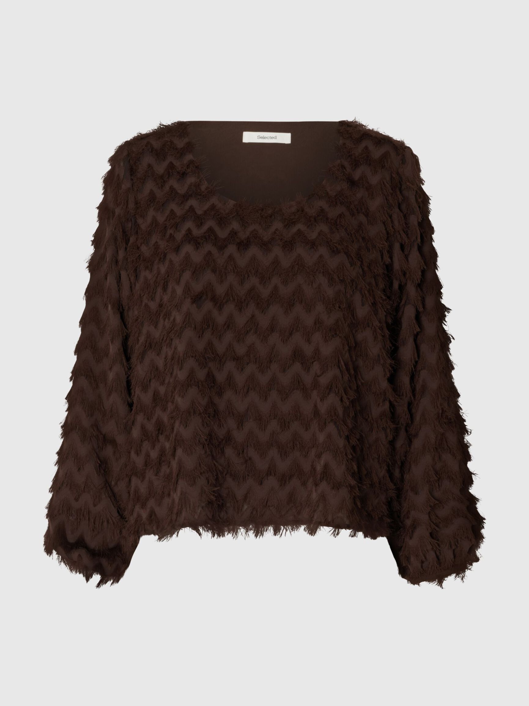 ZIGZAG FRINGE BALLOON SLEEVE TOP, Delicioso, highres