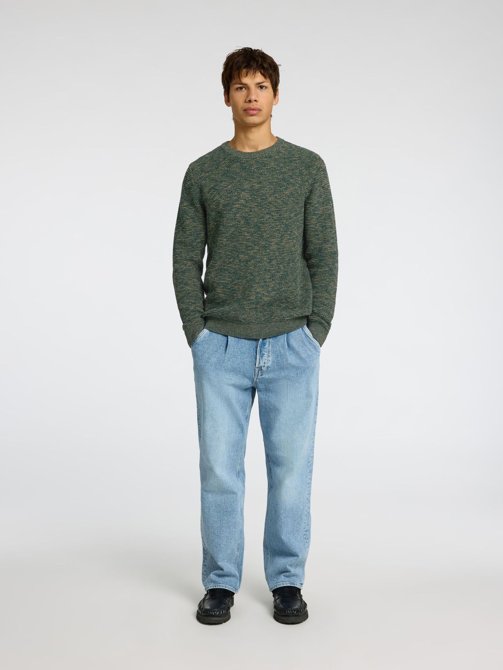 CREW NECK KNITTED PULLOVER, Rain Forest, highres