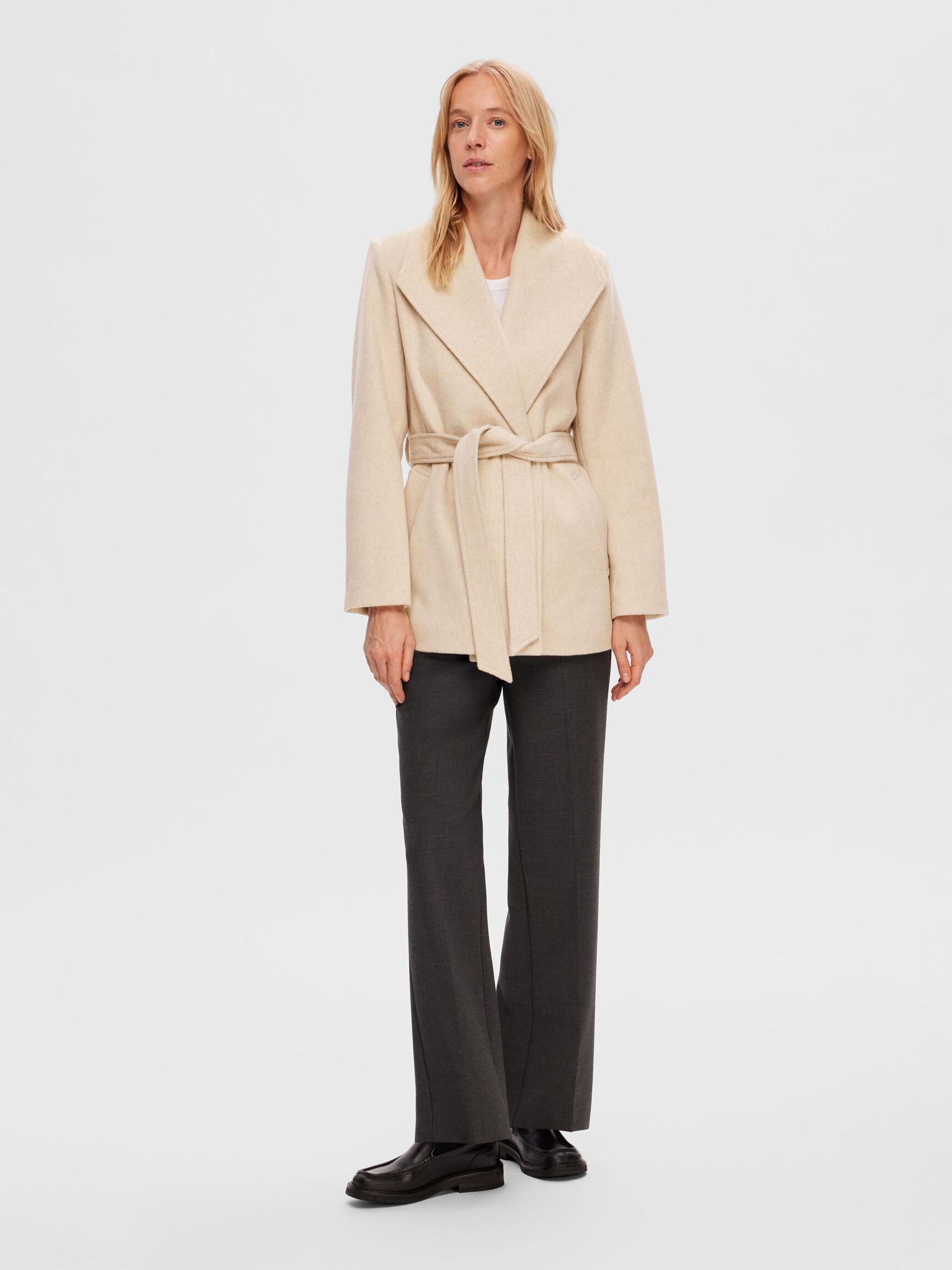BELTED WOOL BLEND COAT, Sandshell, highres