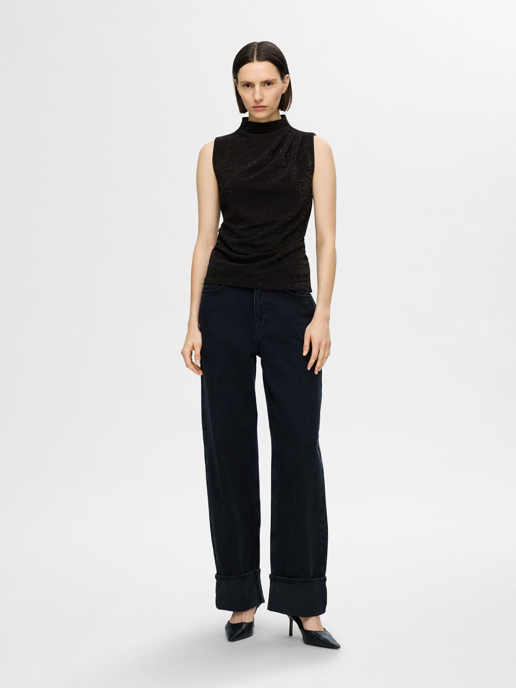GLITTER SLEEVELESS TOP, Black, highres