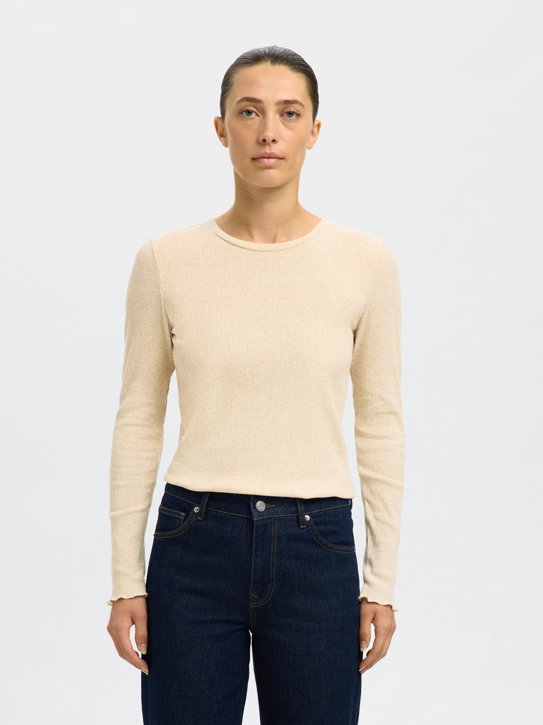 RIBBED LONG SLEEVED TOP, Oatmeal, highres