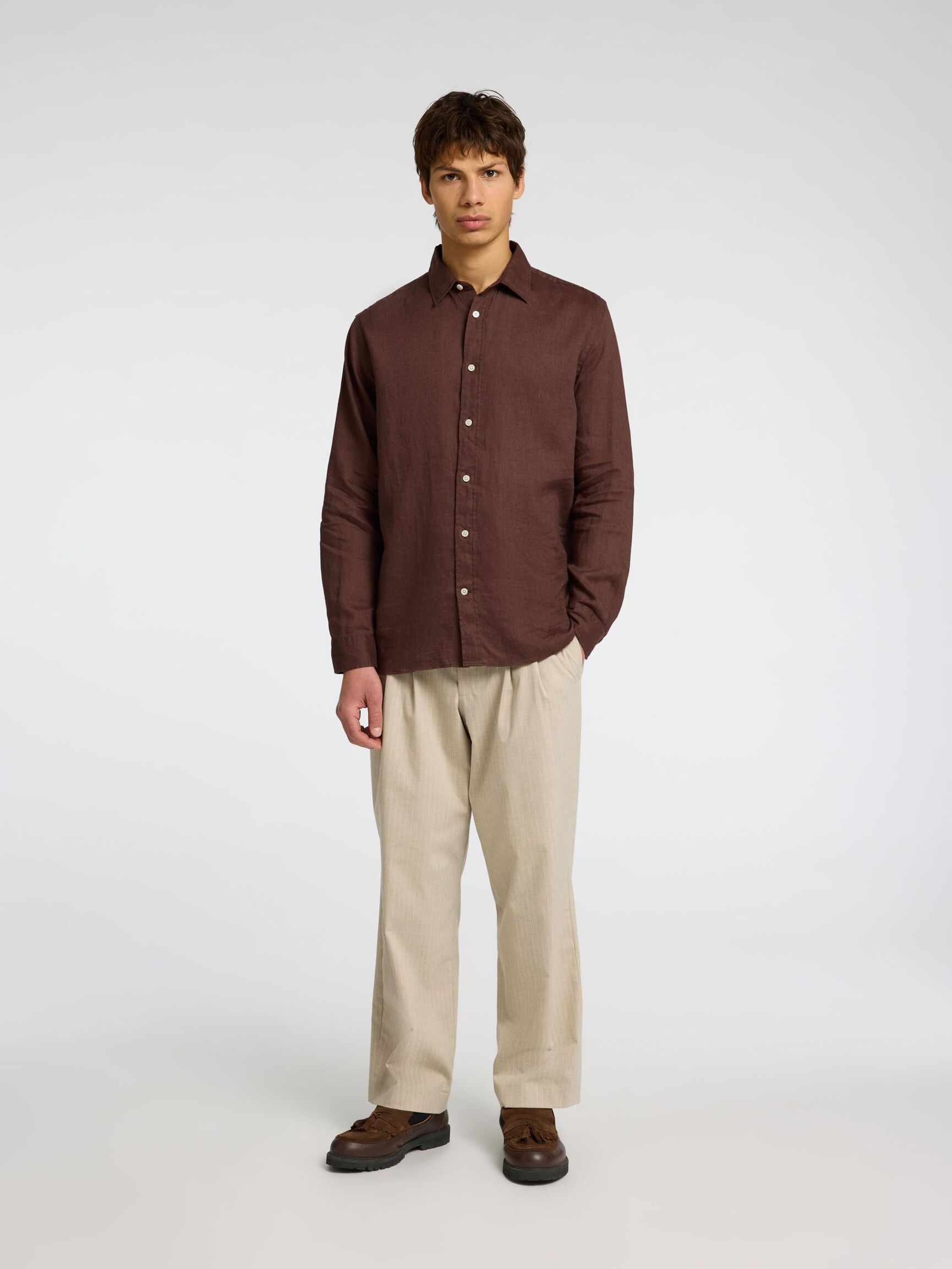 À MANCHES LONGUES CHEMISE EN LIN, Chocolate Brown, highres