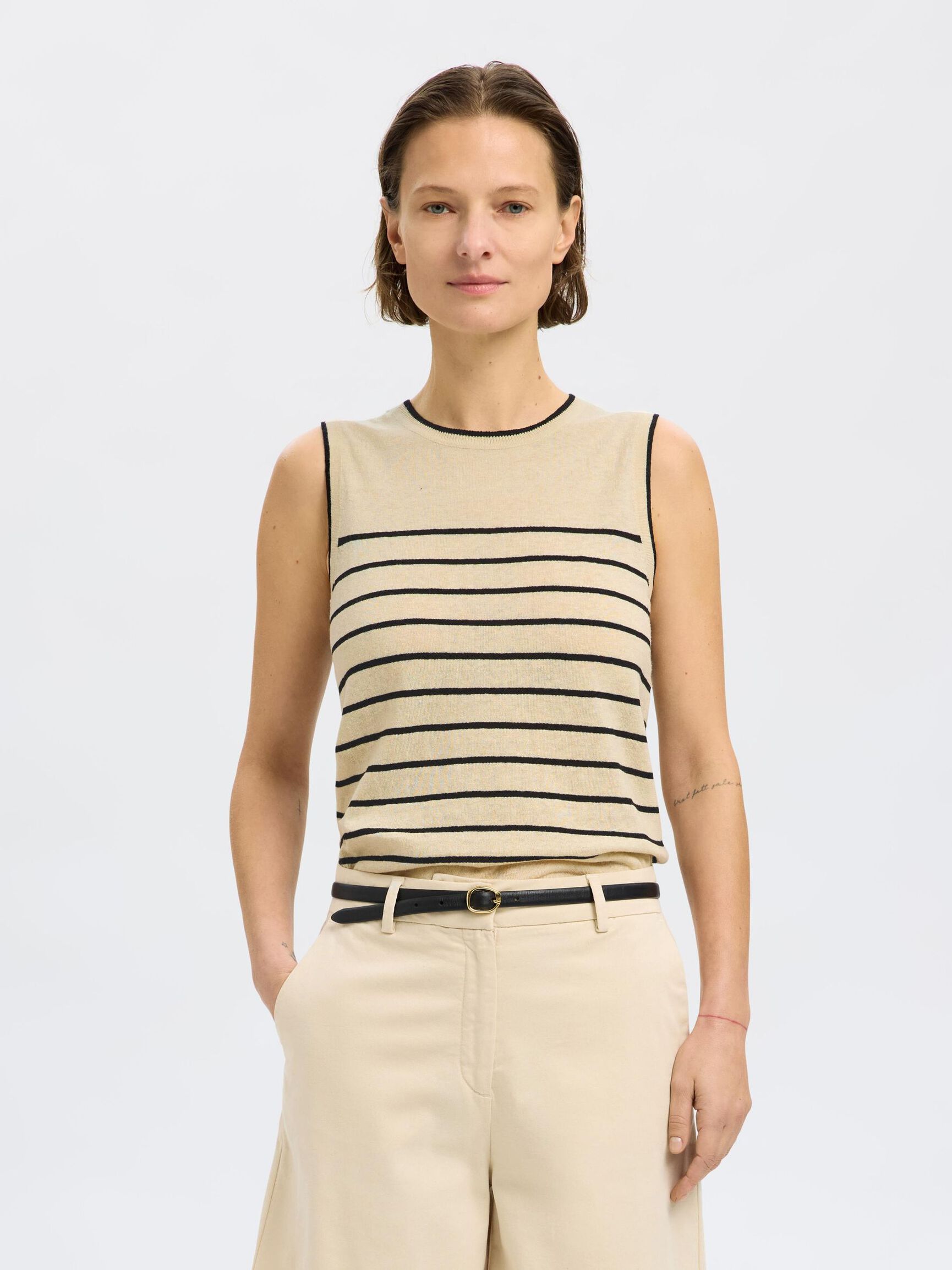 LINEN BLEND KNITTED TOP, Birch, highres