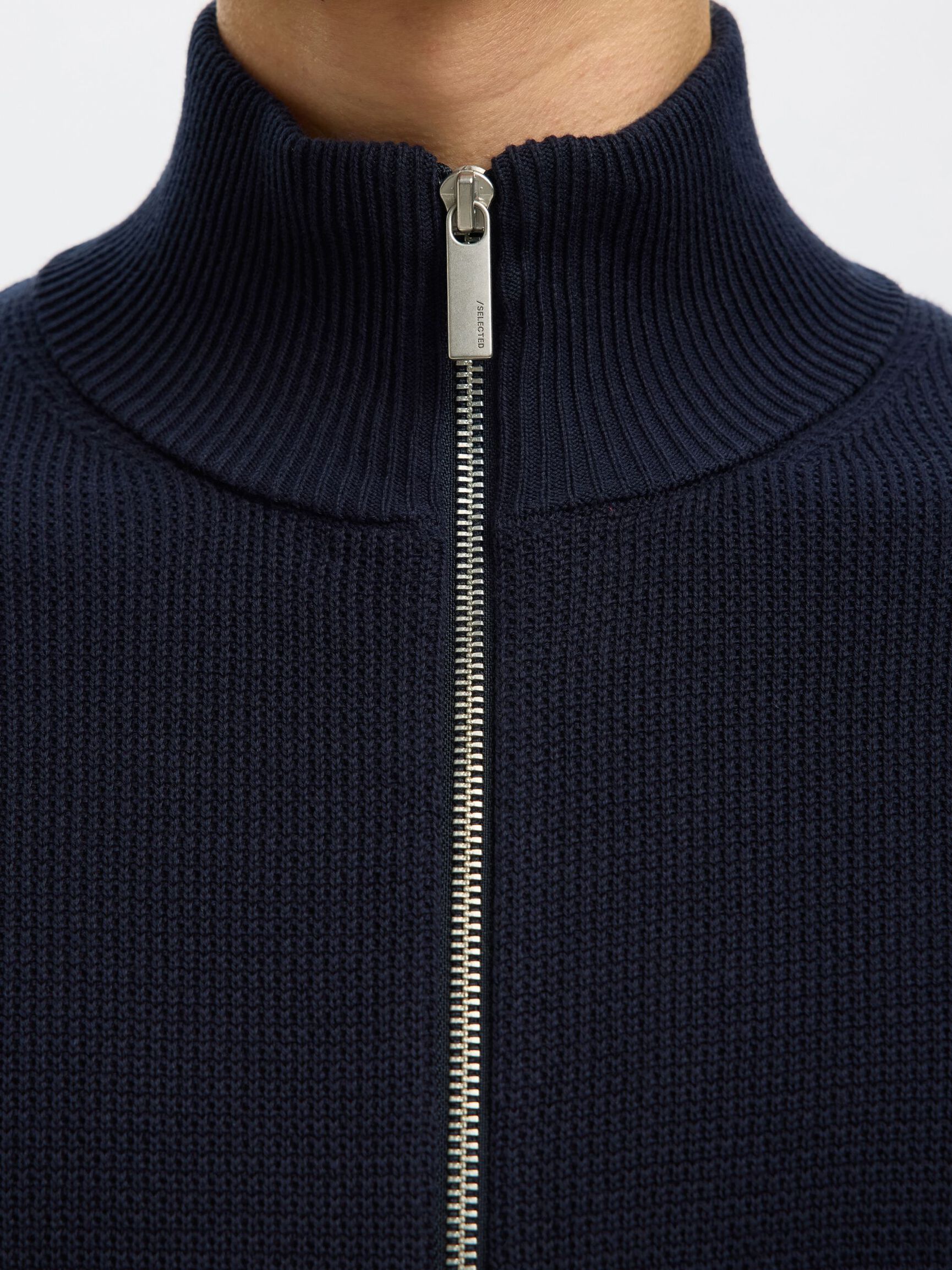 ZIPPED HIGH NECK KNITTED CARDIGAN, Sky Captain, highres