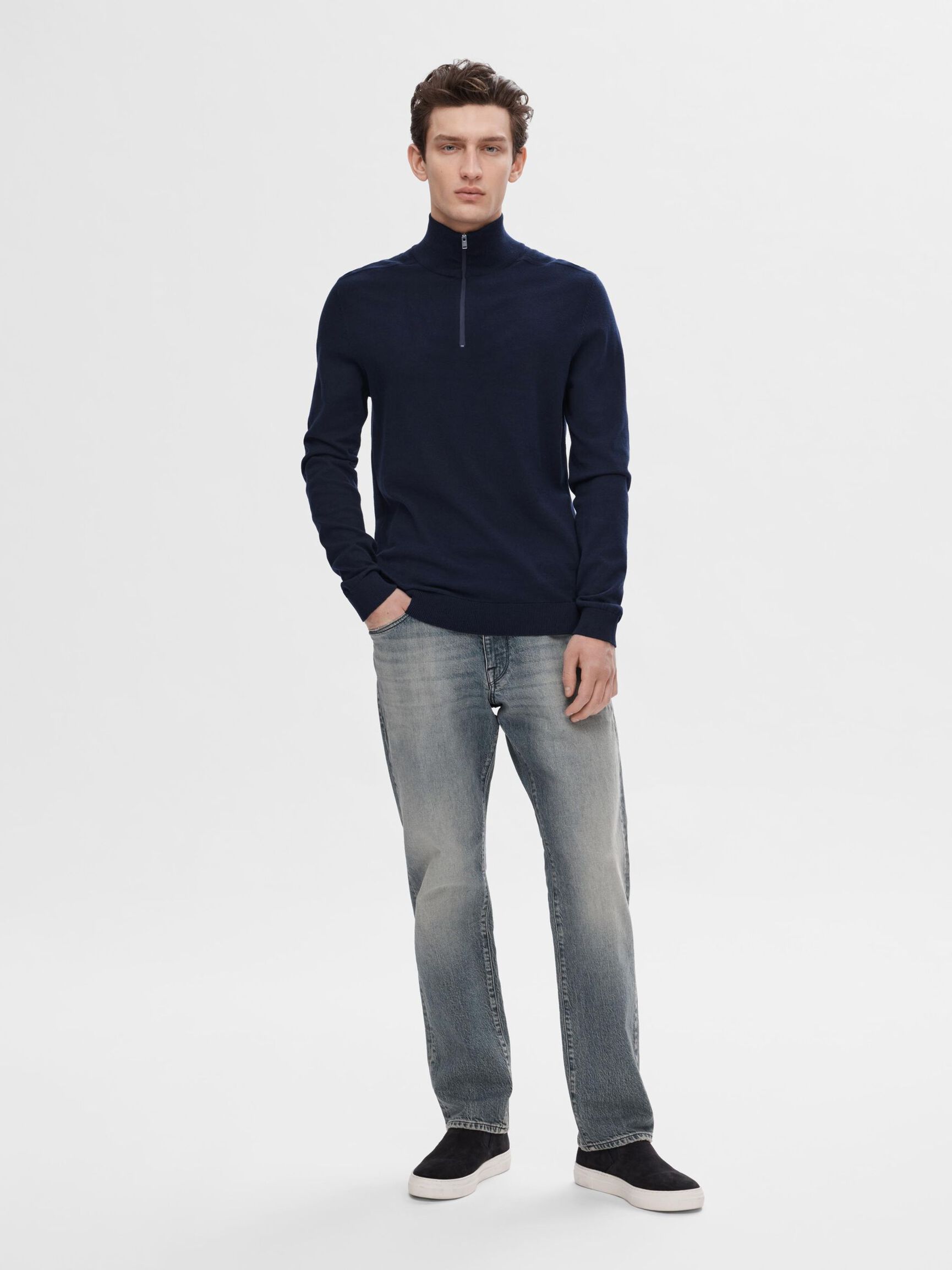HALF-ZIP STRICKPULLOVER, Navy Blazer, highres