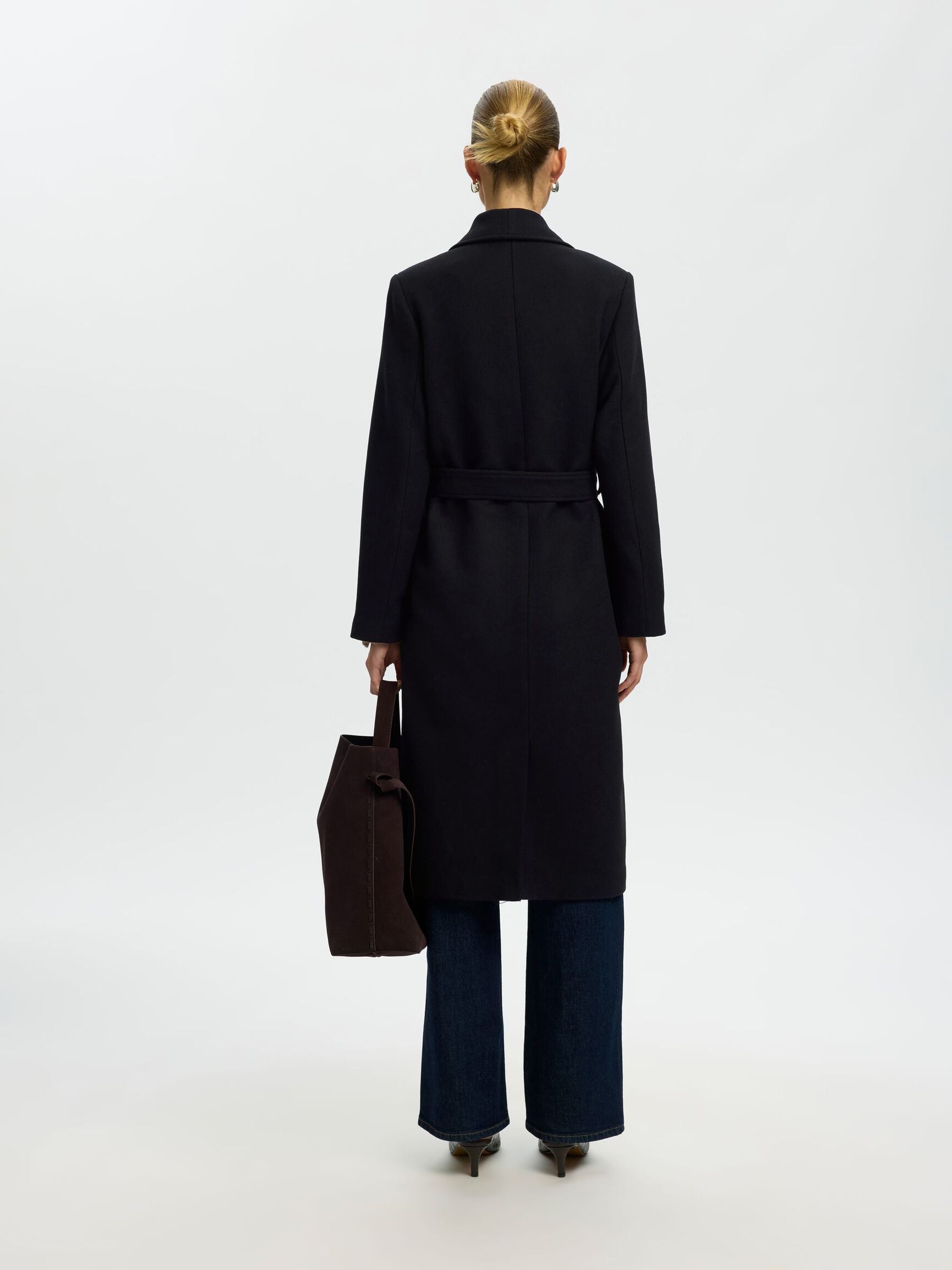 WOOL BLEND LONG COAT, Black, highres