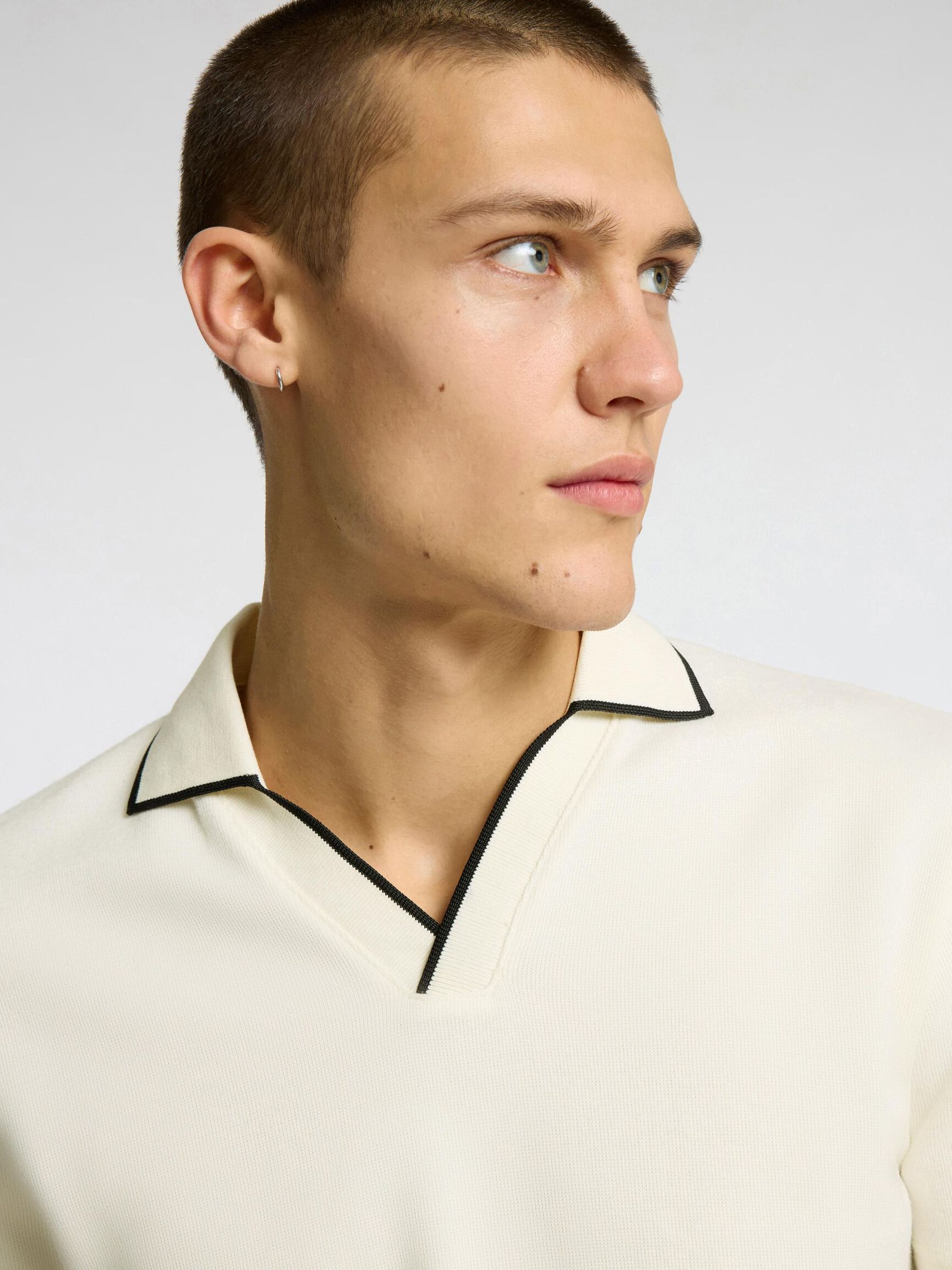 COTTON BLEND SPLIT NECK POLO SHIRT, Egret, highres
