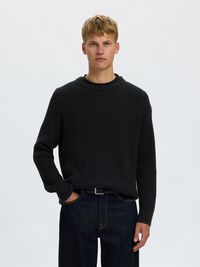 CABLE KNIT CREWNECK JUMPER, Black, highres
