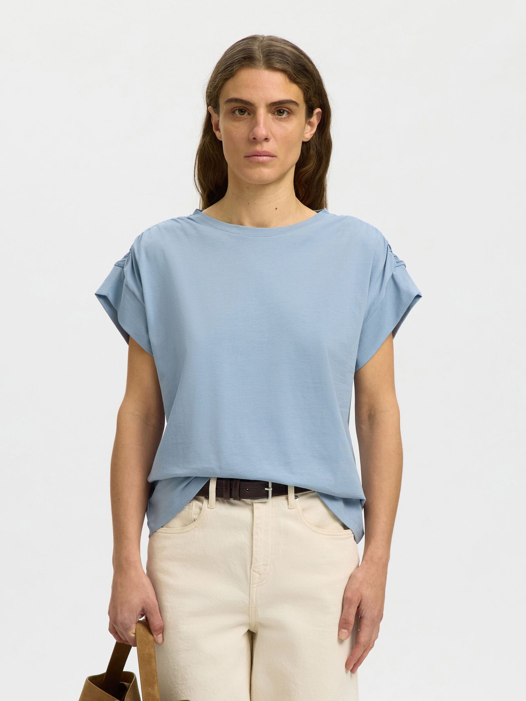 COTTON SHORT SLEEVED TOP, Dusty Blue, highres