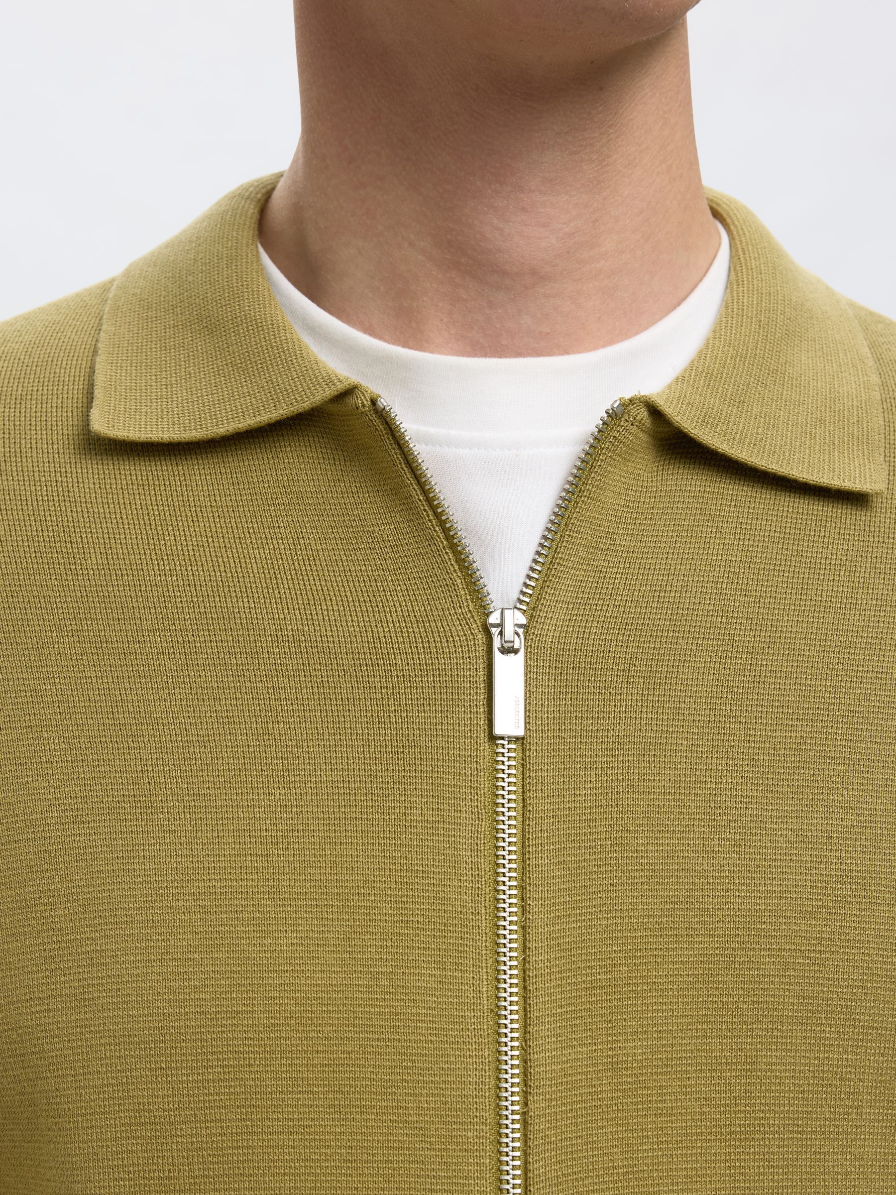 COTTON BLEND ZIP-FRONT CARDIGAN, Dried Herb, highres