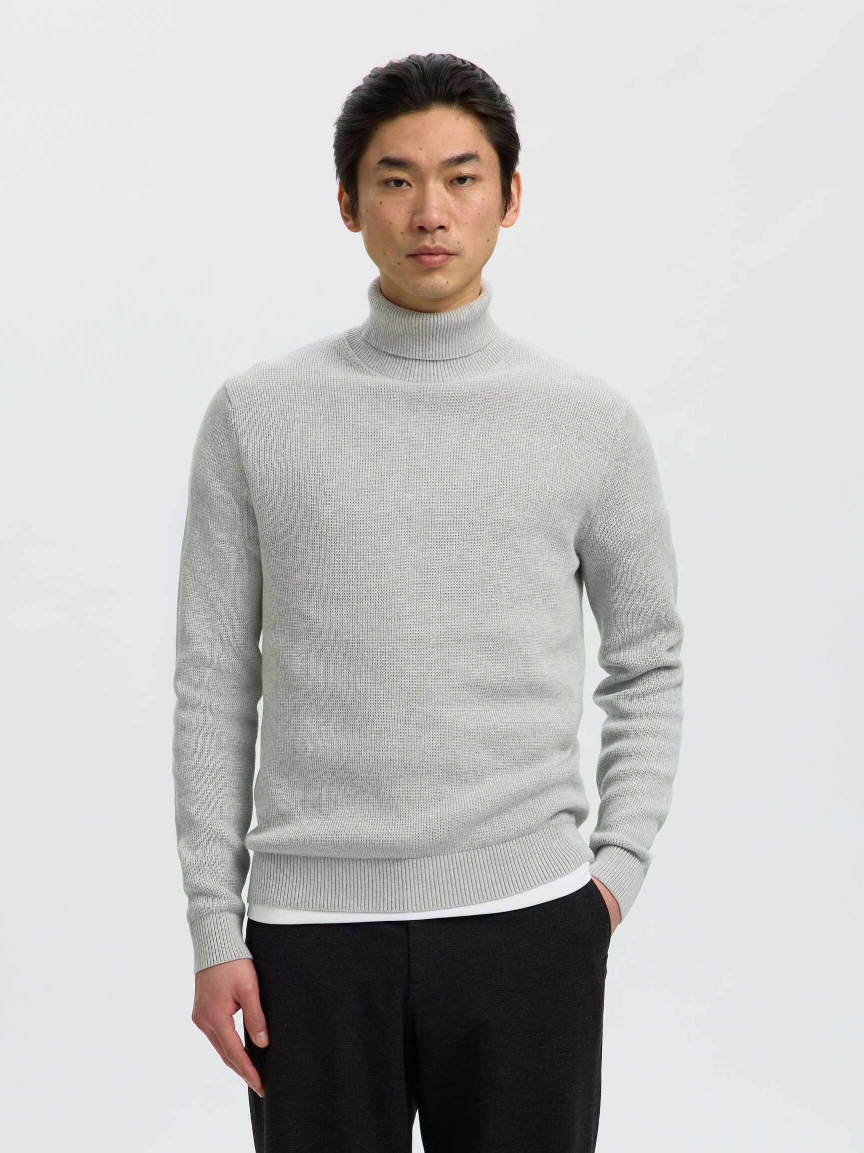 BAUMWOLL ROLLKRAGENPULLOVER, Light Grey Melange, highres