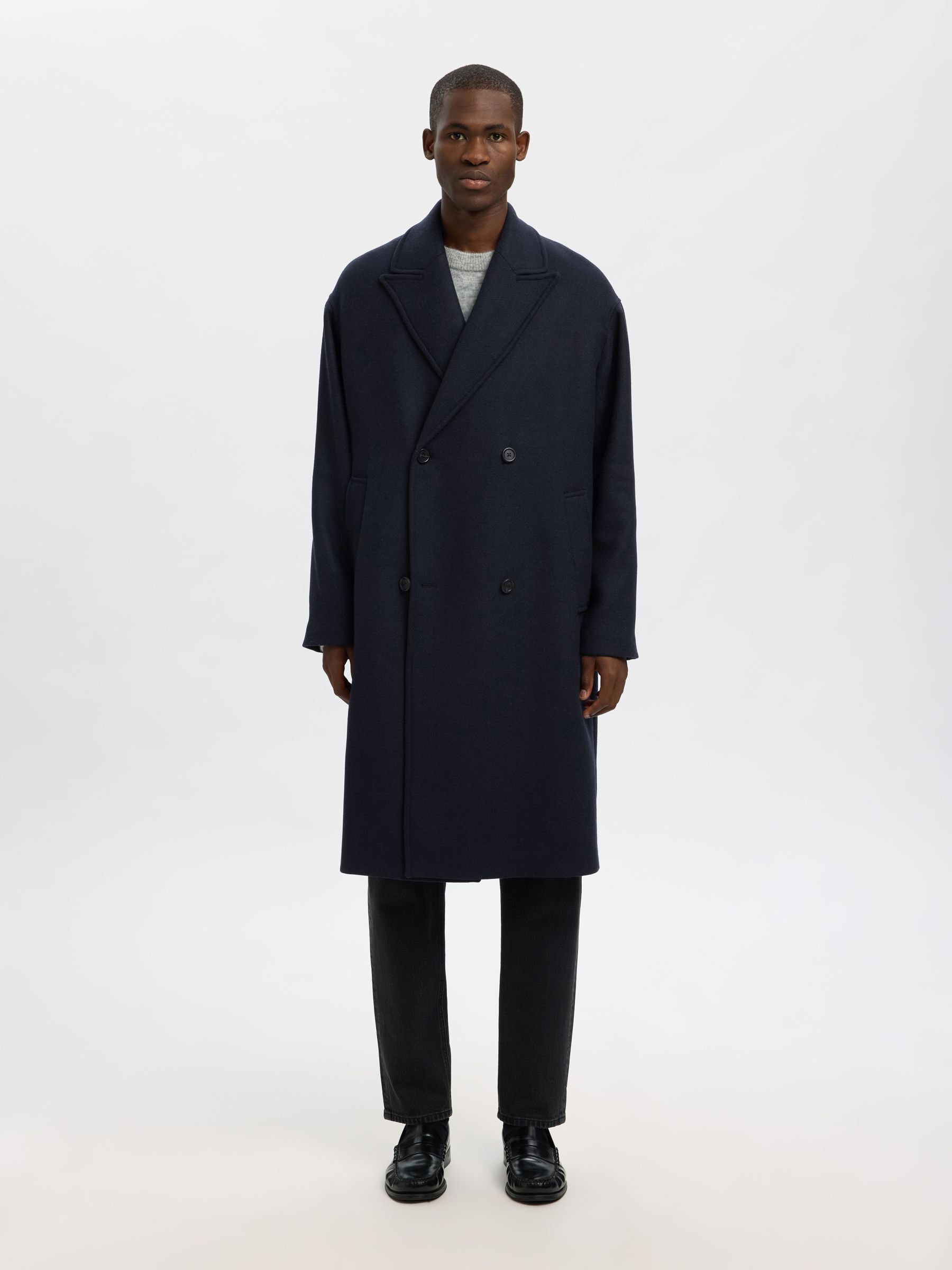 DOUBLE BREASTED WOOL-BLEND COAT | Blue | Selected