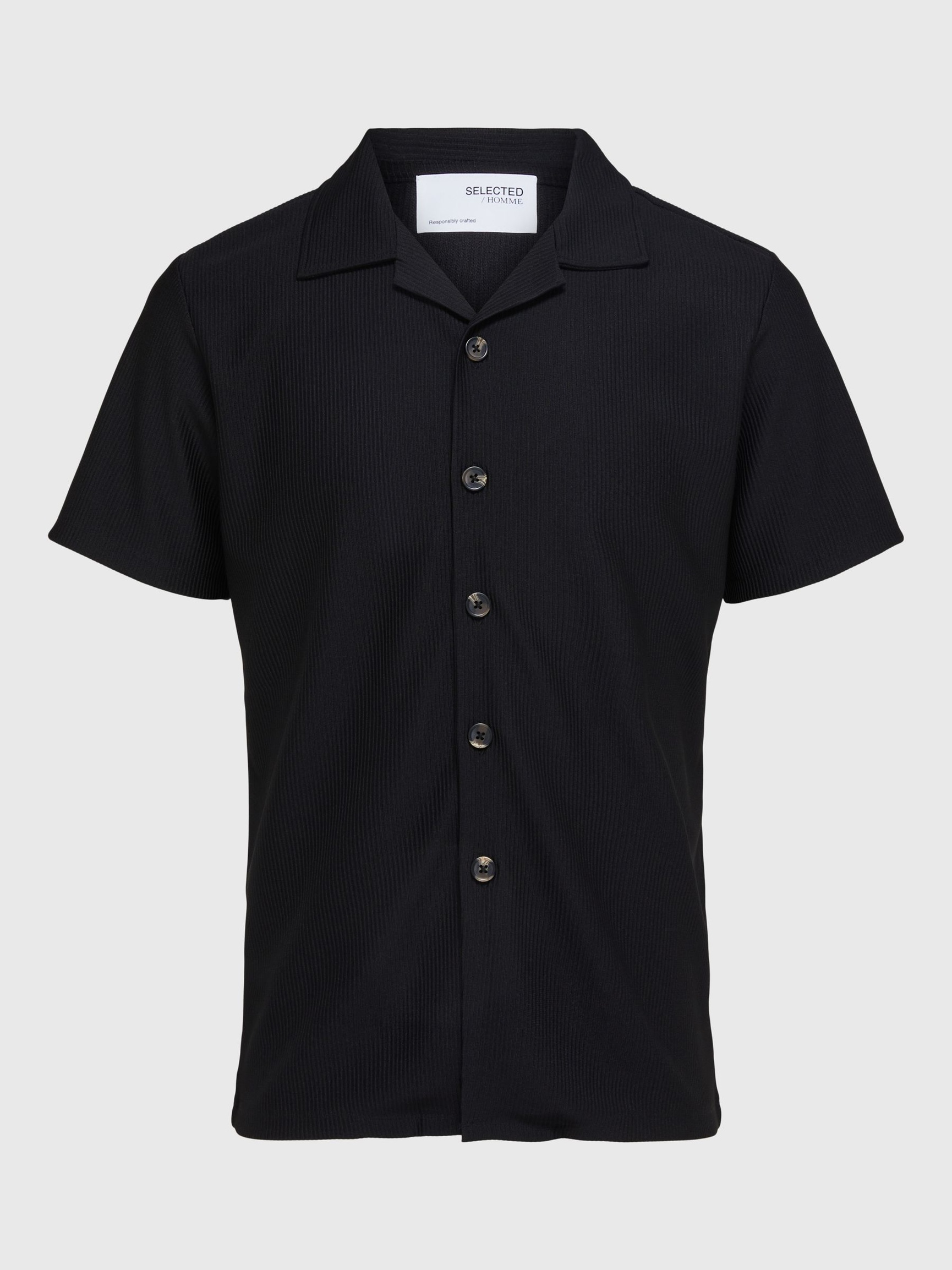 RIBBED CUBAN COLLAR SHORT SLEEVED SHIRT, Black, highres