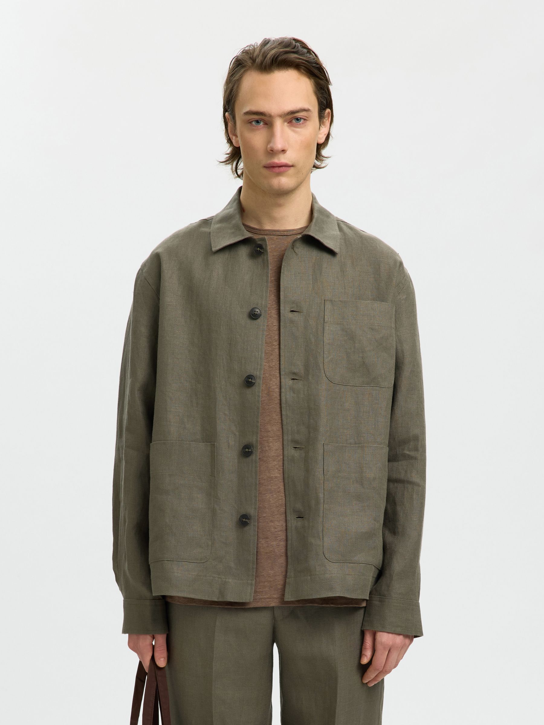 LINEN OVERSHIRT, Olive Green, highres