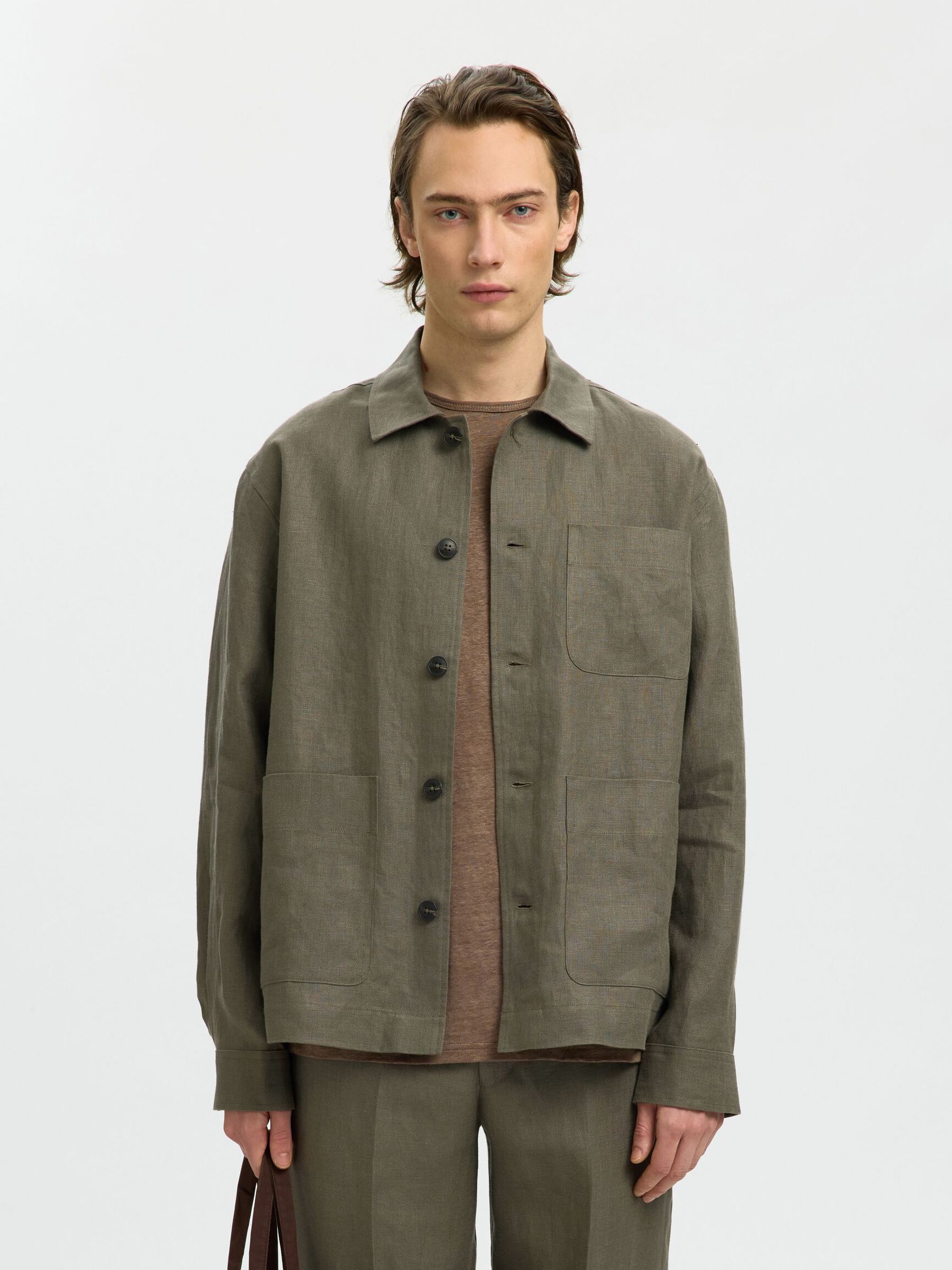 LINEN OVERSHIRT, Olive Green, highres