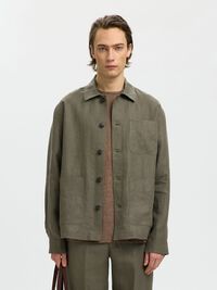 LINEN OVERSHIRT, Olive Green, highres