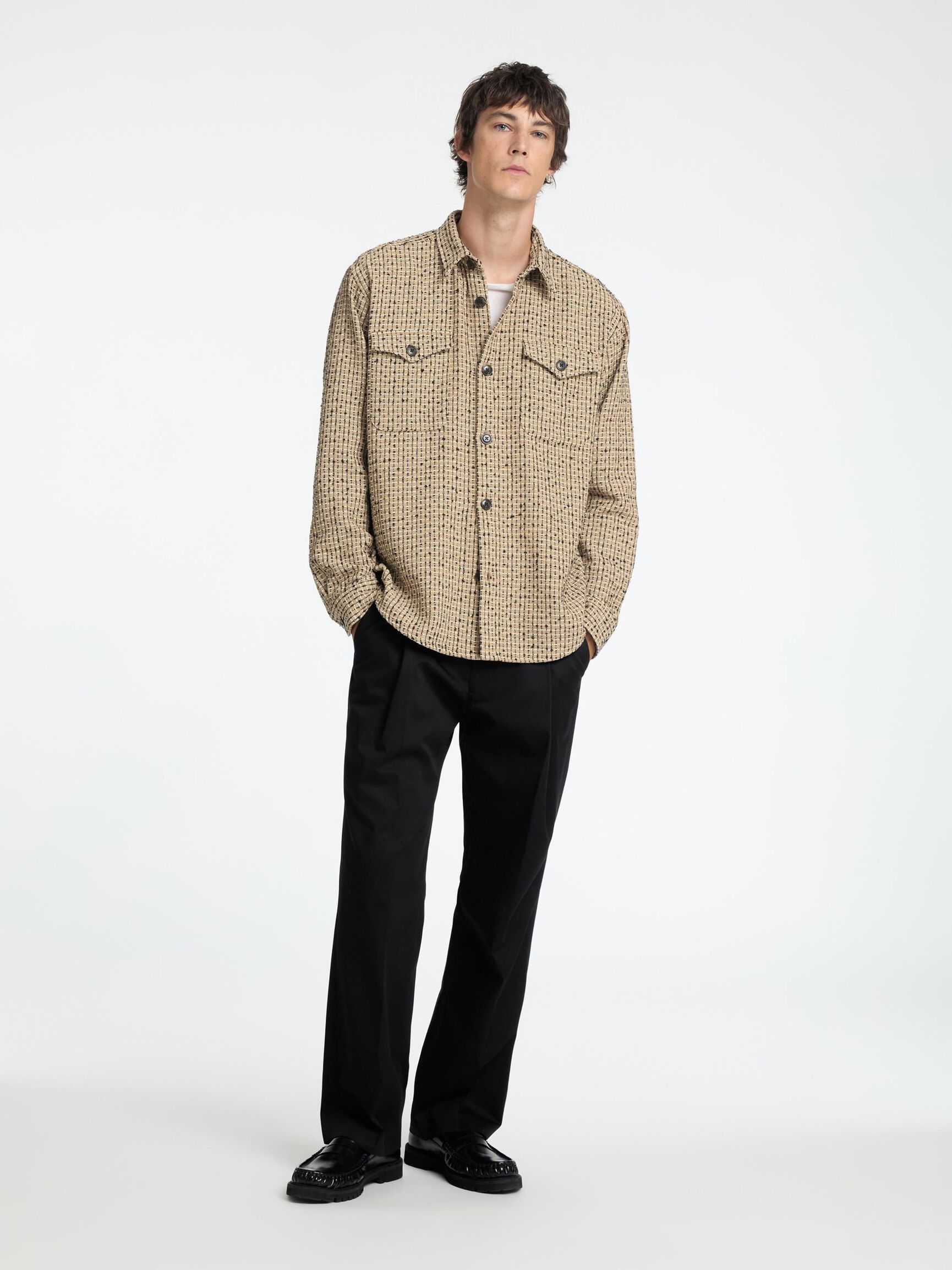 BOXY FIT BOUCLE OVERSHIRT, Sand, highres