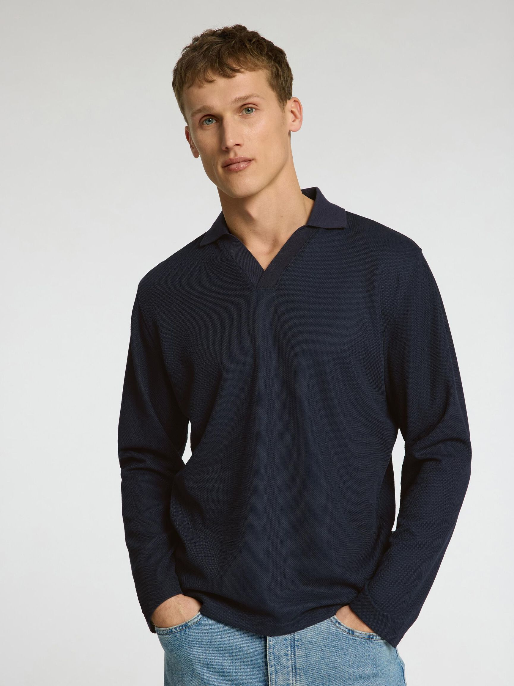 KNITTED LONG-SLEEVED POLO, Sky Captain, highres