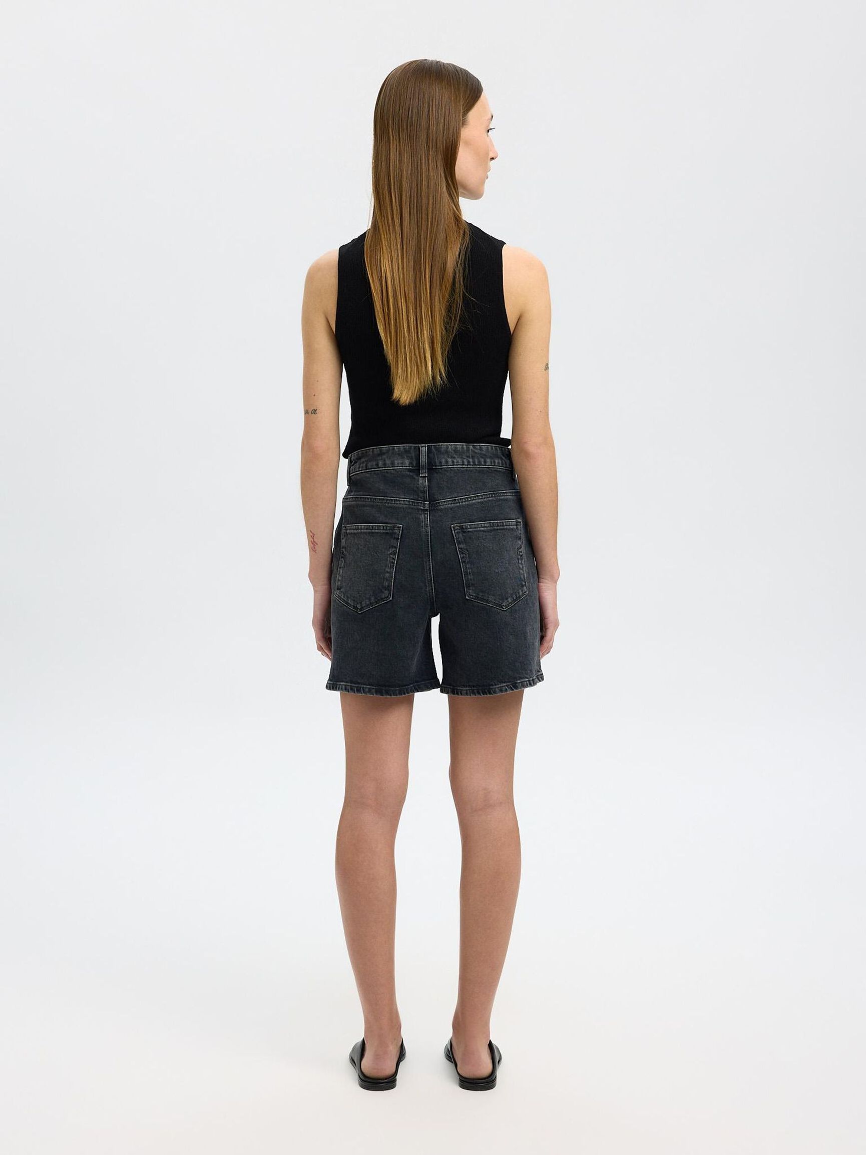 SCHWARZE HIGH WAIST JEANSSHORTS, Black Denim, highres