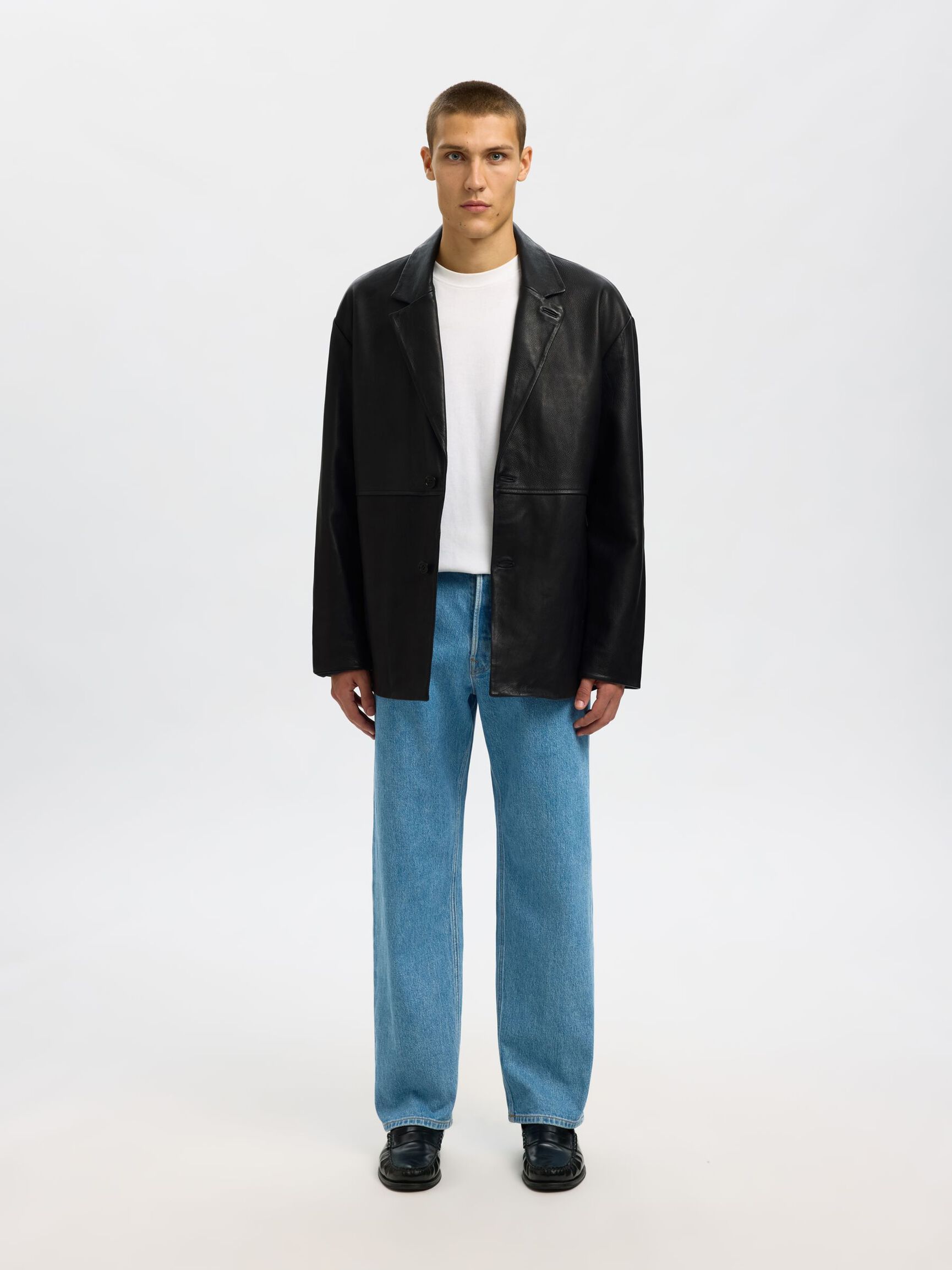 100% LEATHER BLAZER, Black, highres