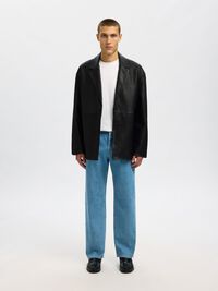 100% LEATHER BLAZER, Black, highres