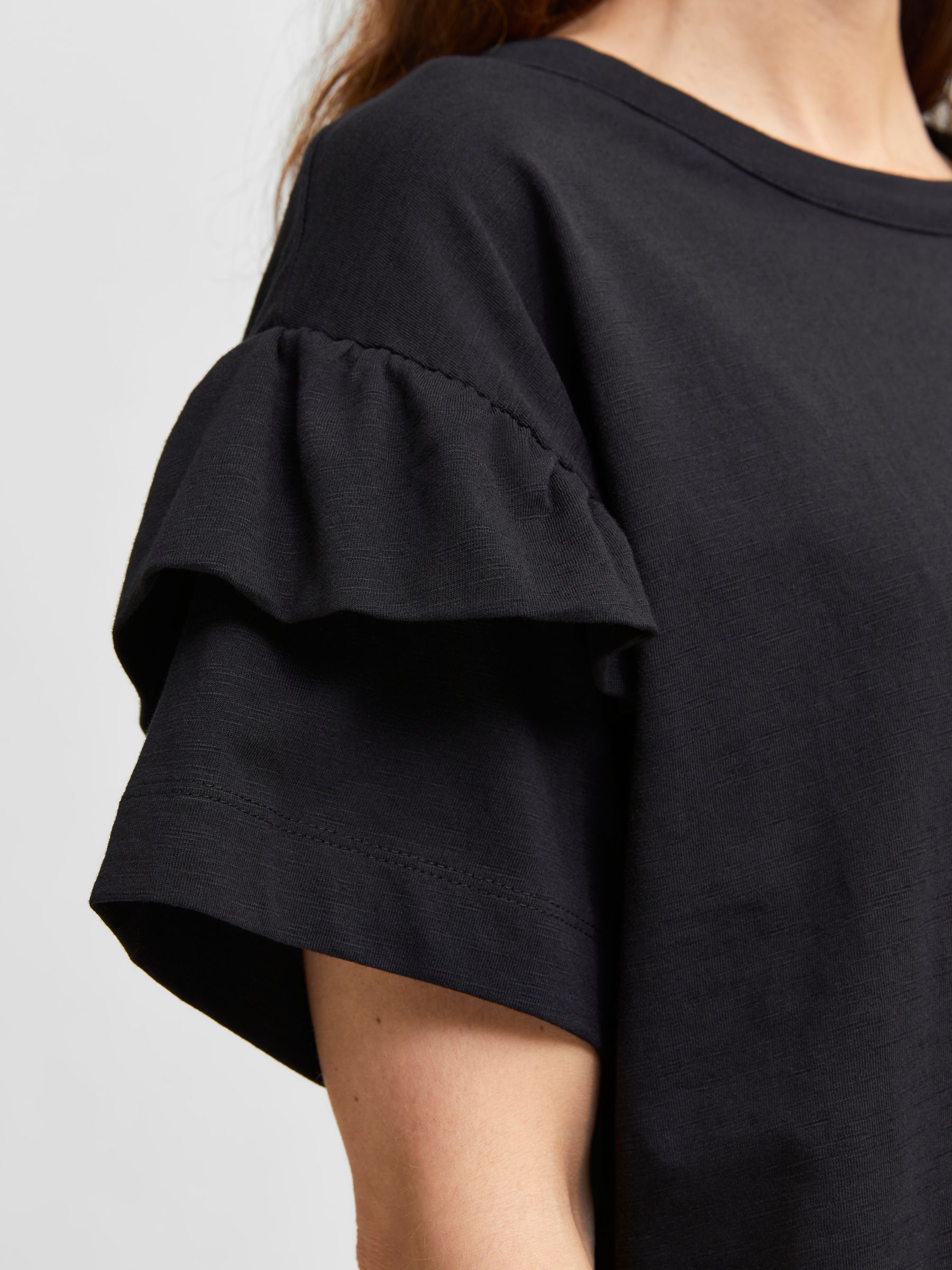 COTTON RUFFLE  T-SHIRT, Black, highres