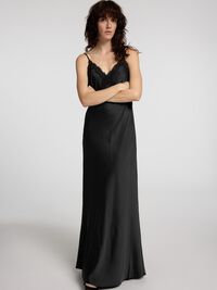 SATIJN KANT SLIPDRESS, Black, highres