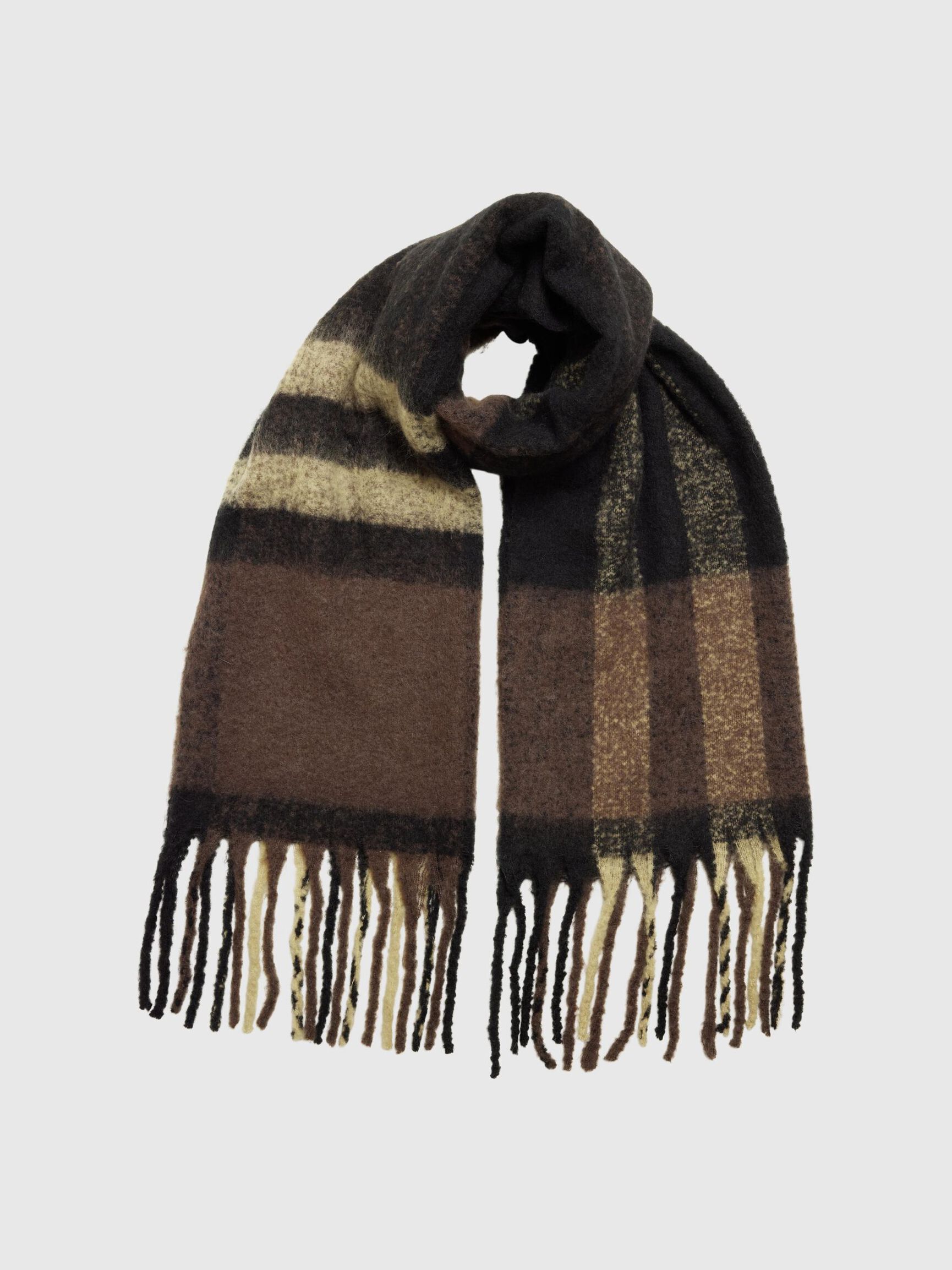 CHECKED WOOL BLEND SCARF, Coffee Bean, highres