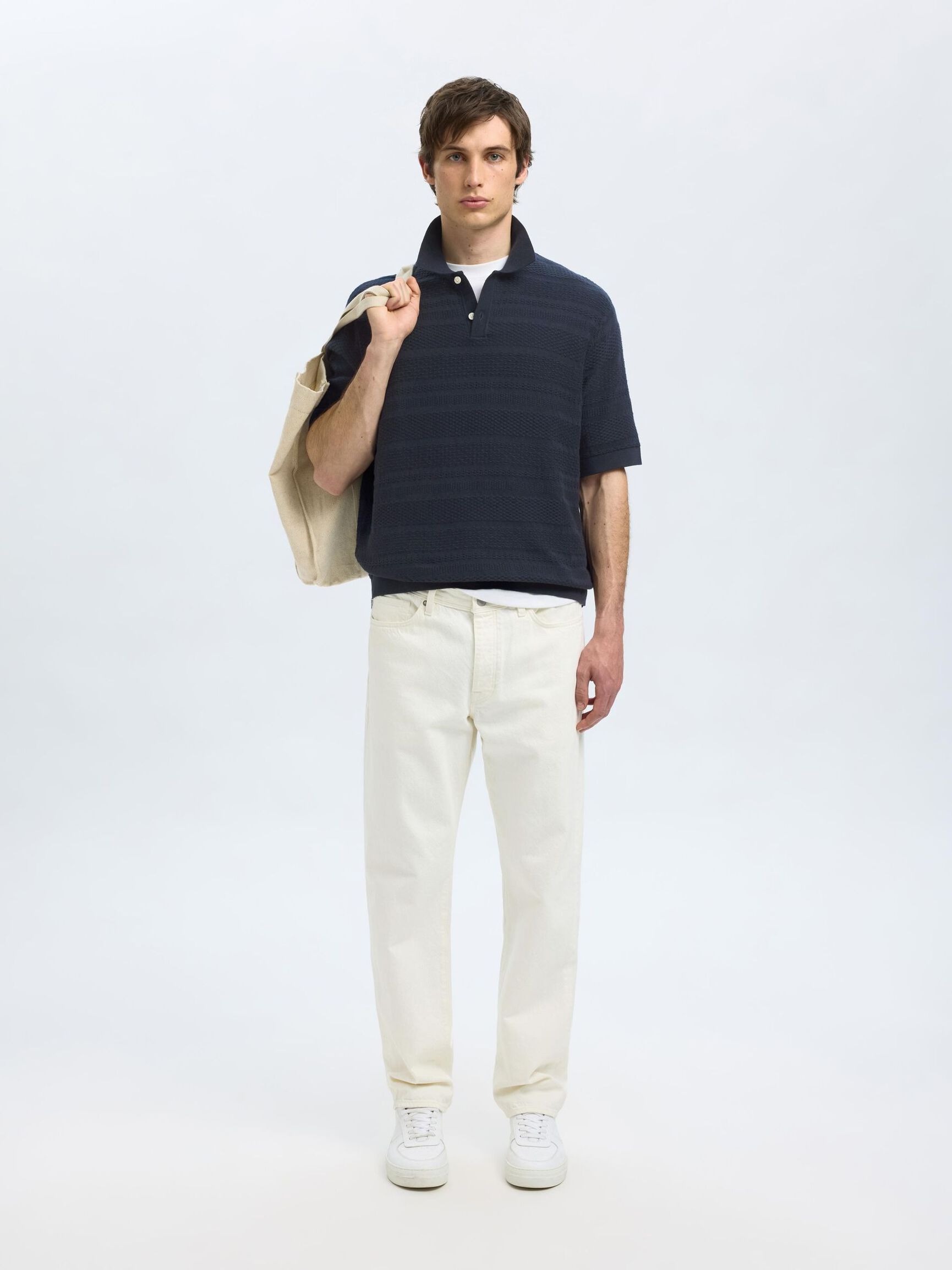 TEXTURED KNITTED POLO SHIRT, Sky Captain, highres