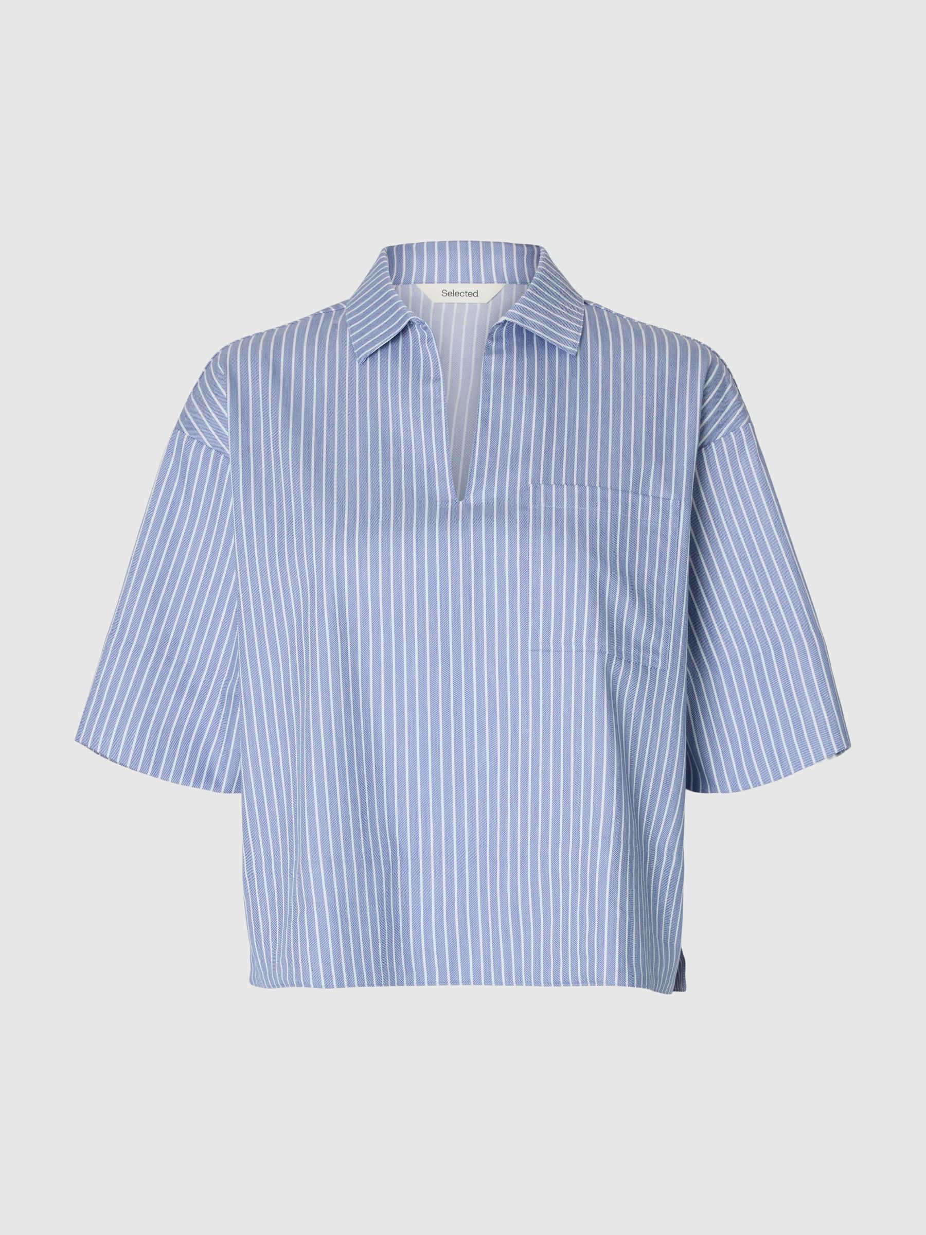 BOMULDSBLANDING BLUSE MED V-HALS, Dusty Blue, highres