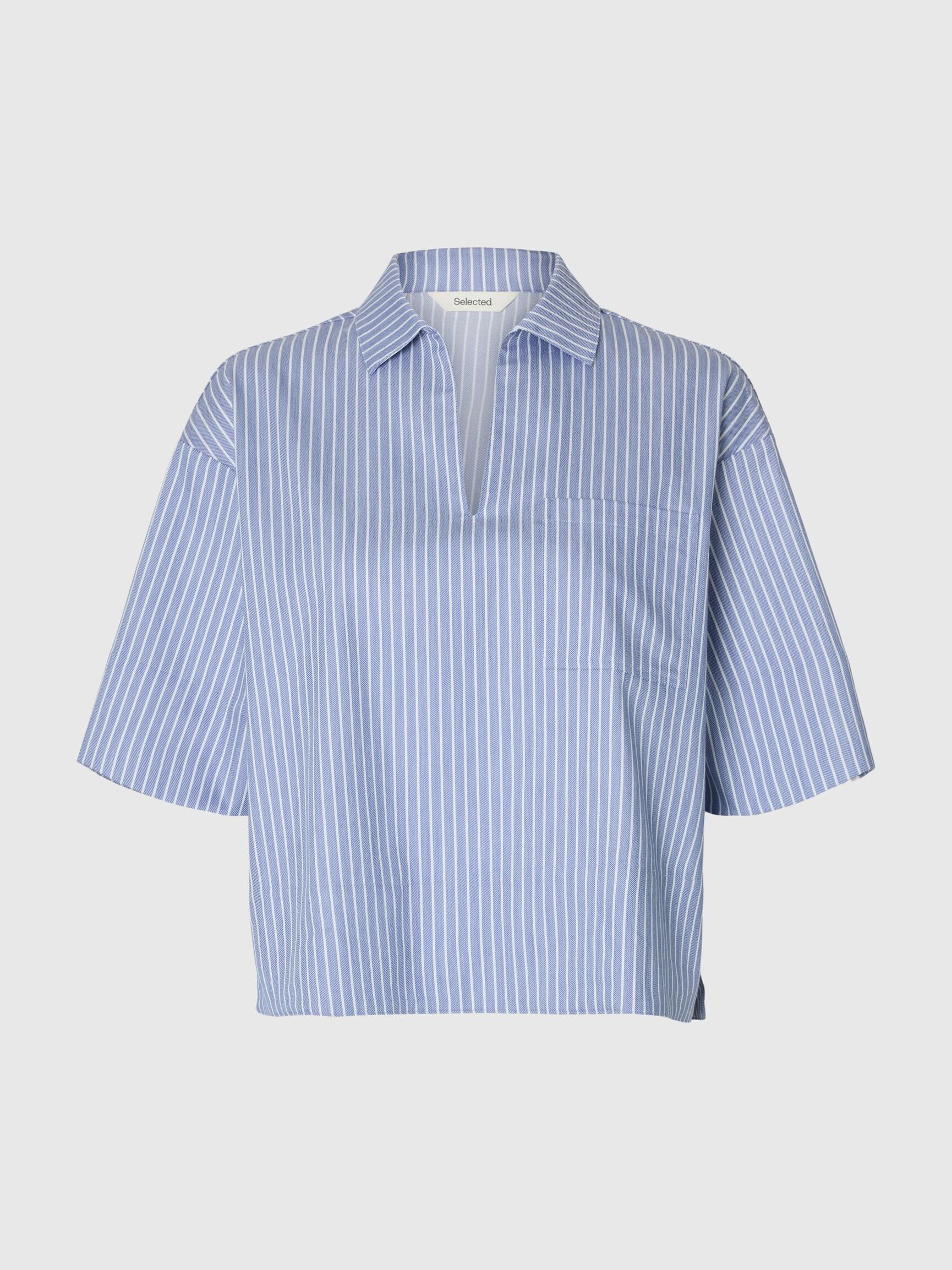 BOMULDSBLANDING BLUSE MED V-HALS, Dusty Blue, highres