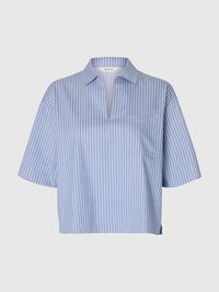 BOMULDSBLANDING BLUSE MED V-HALS, Dusty Blue, highres