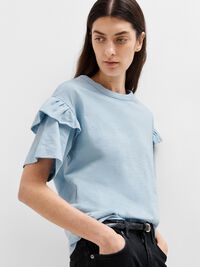 BAUMWOLL RÜSCHEN T-SHIRT, Cashmere Blue, highres