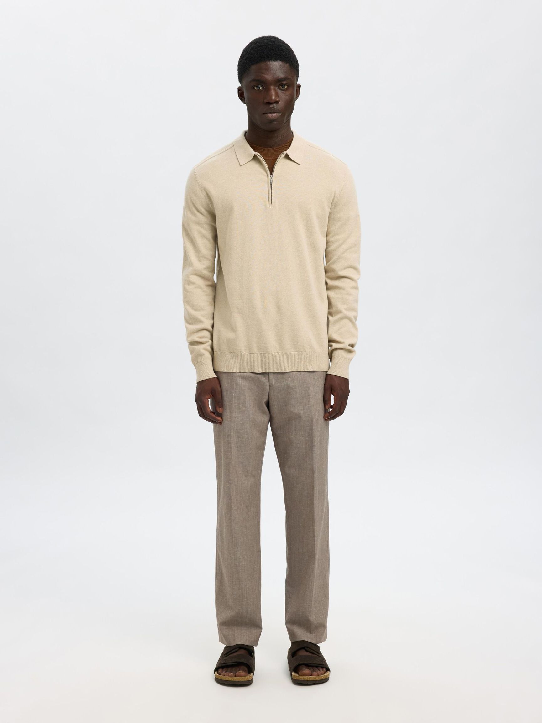 STRICK LANGARM-POLOSHIRT, Oatmeal, highres