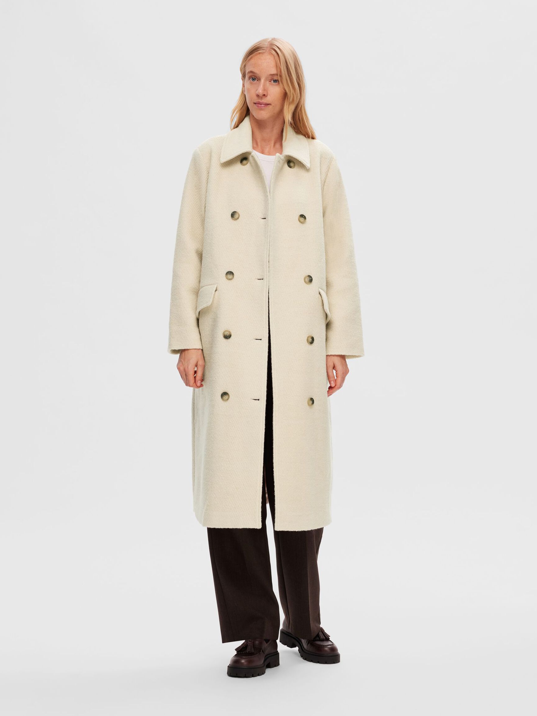DOUBLE-BREASTED WOOL BLEND COAT, Sandshell, highres
