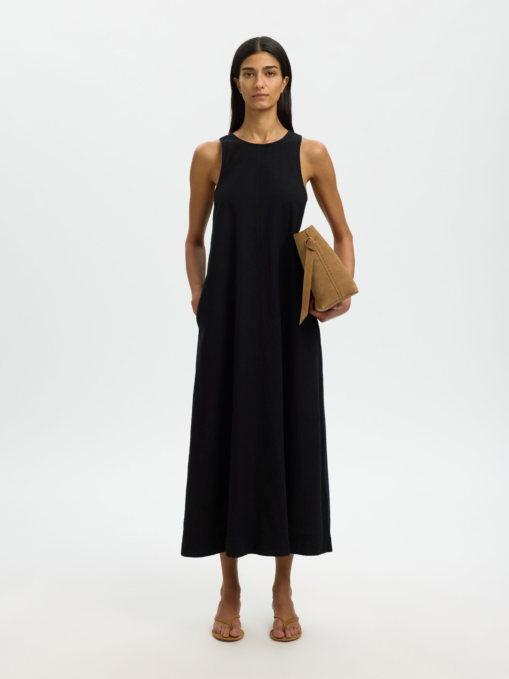 MAXI LINEN-BLEND DRESS, Black, highres