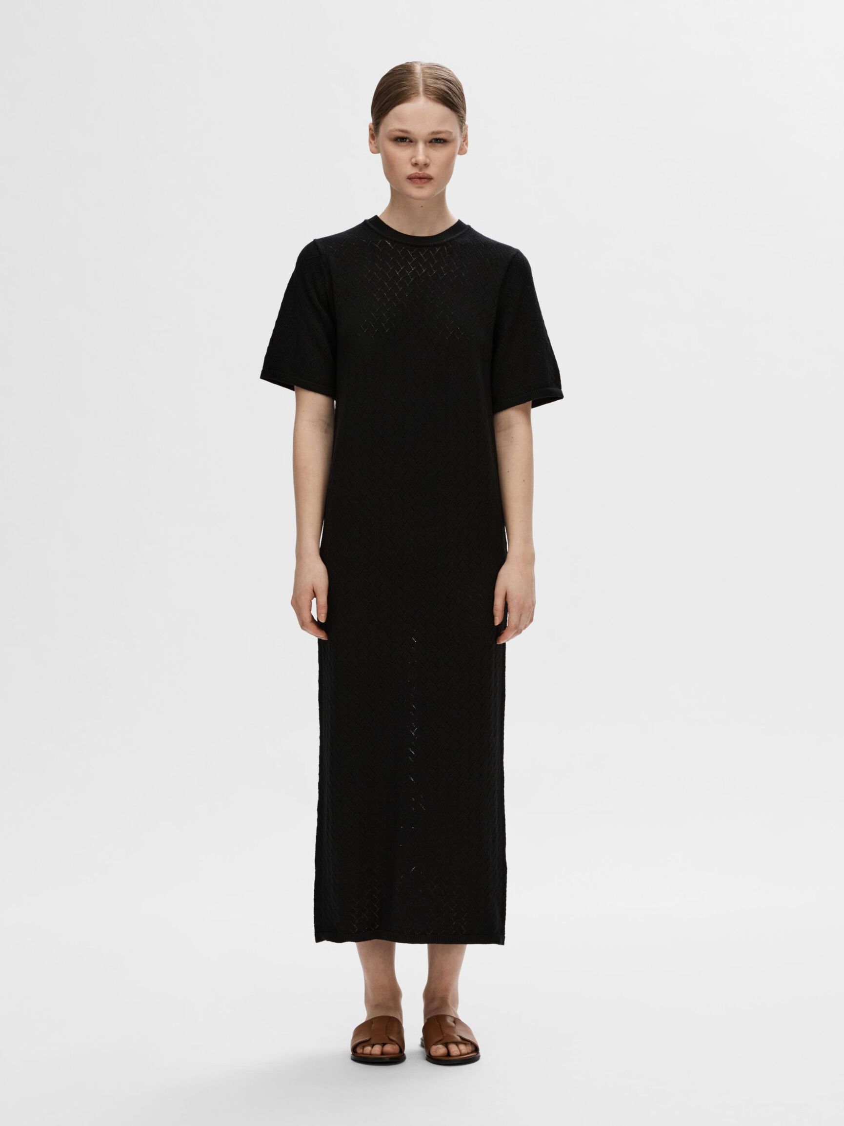 VISCOSE BLEND KNITTED MIDI DRESS, Black, highres