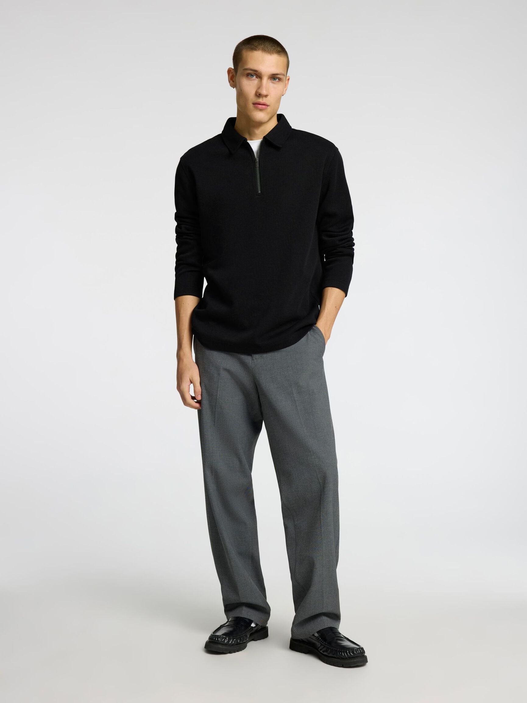 GERIPPTES HALF-ZIP LANGARM-POLOSHIRT, Black, highres