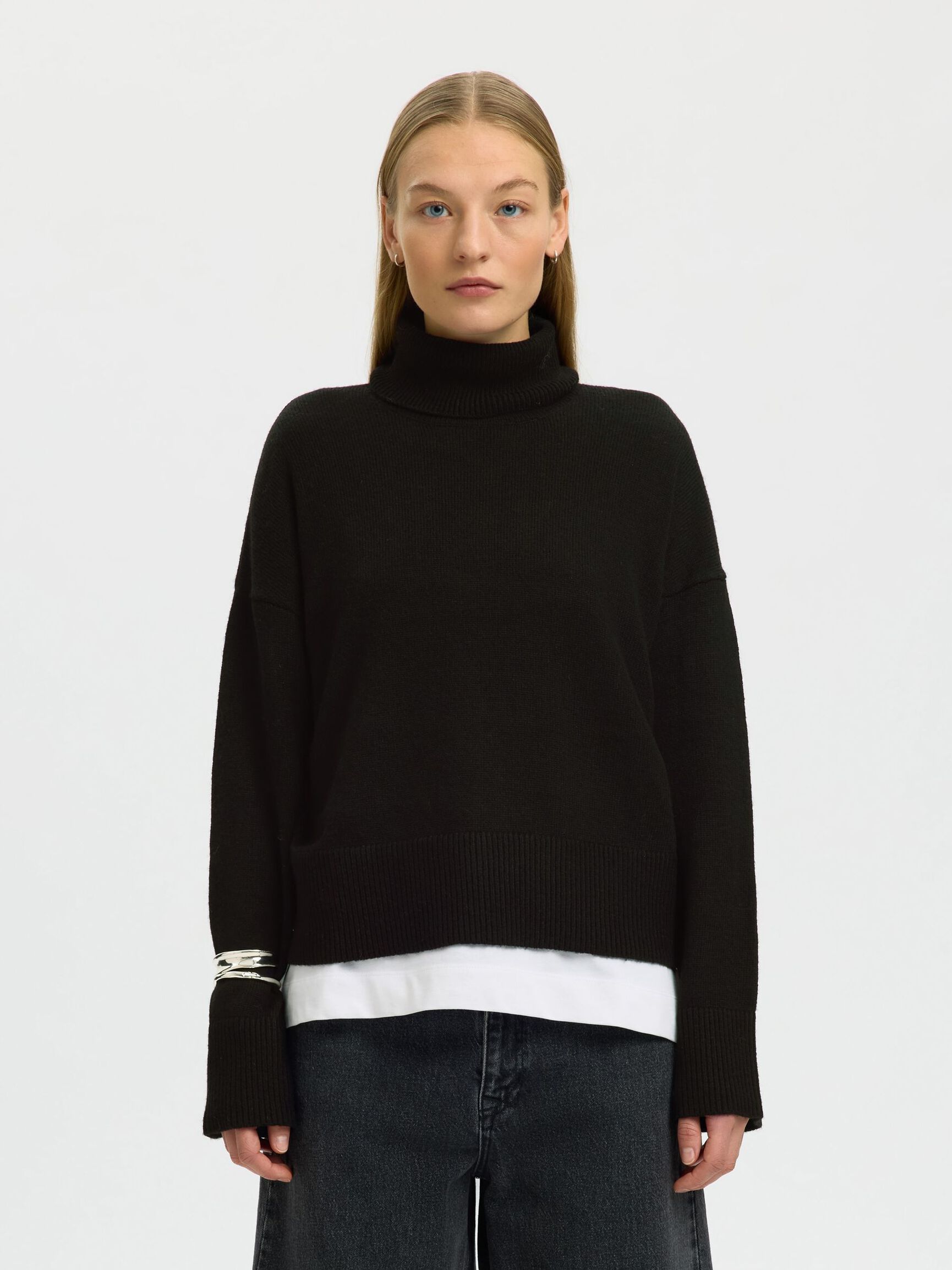 WOOL BLEND ROLL NECK JUMPER, Black, highres