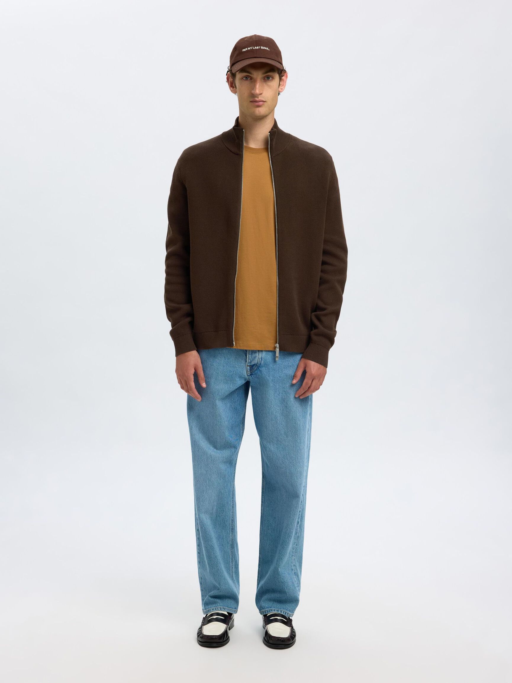 ZIPPED HIGH NECK KNITTED CARDIGAN, Demitasse, highres