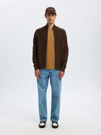 ZIPPED HIGH NECK KNITTED CARDIGAN, Demitasse, highres