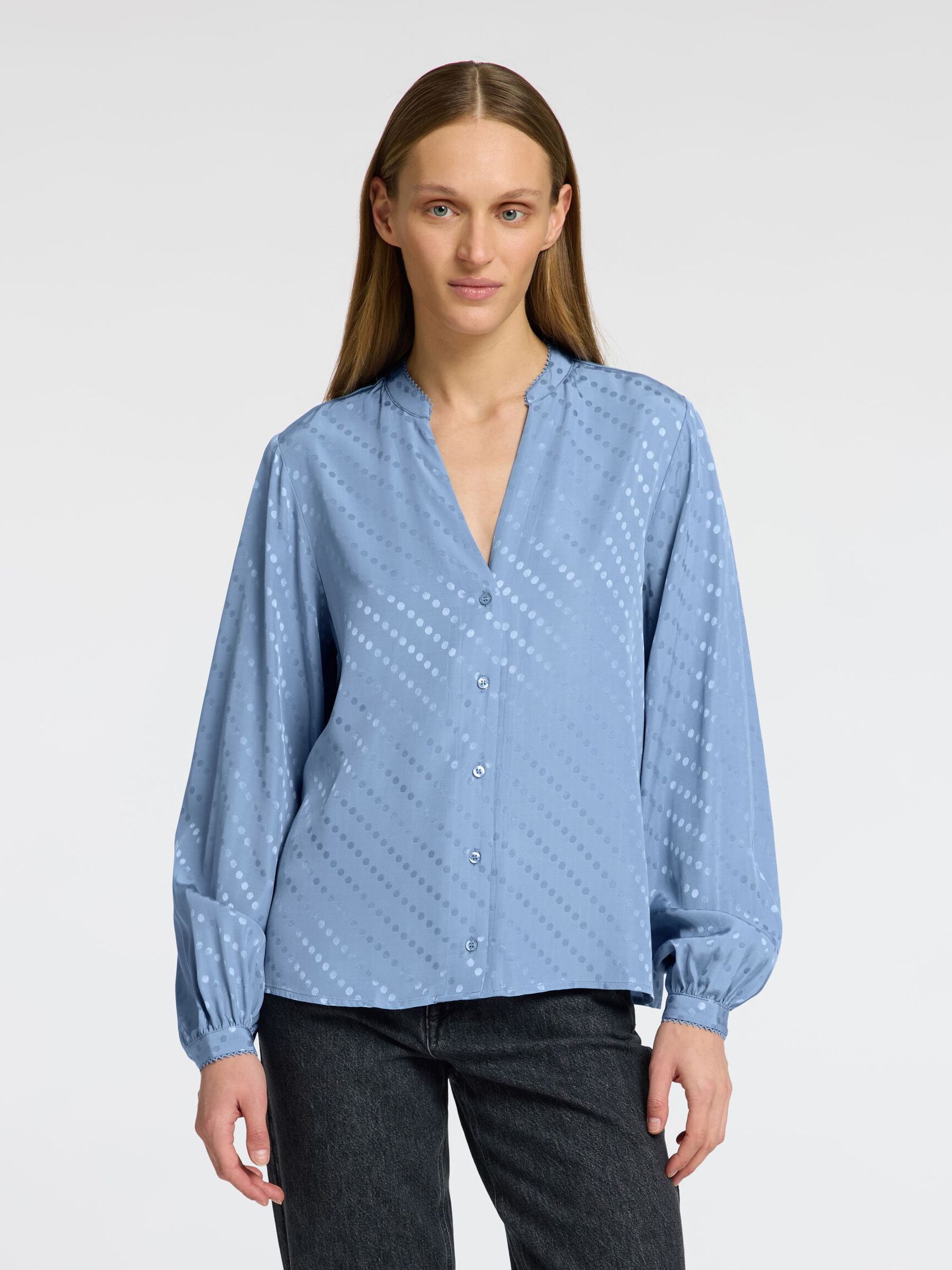 VISCOSE BLEND LONG SLEEVED BLOUSE, Endless Sky, highres